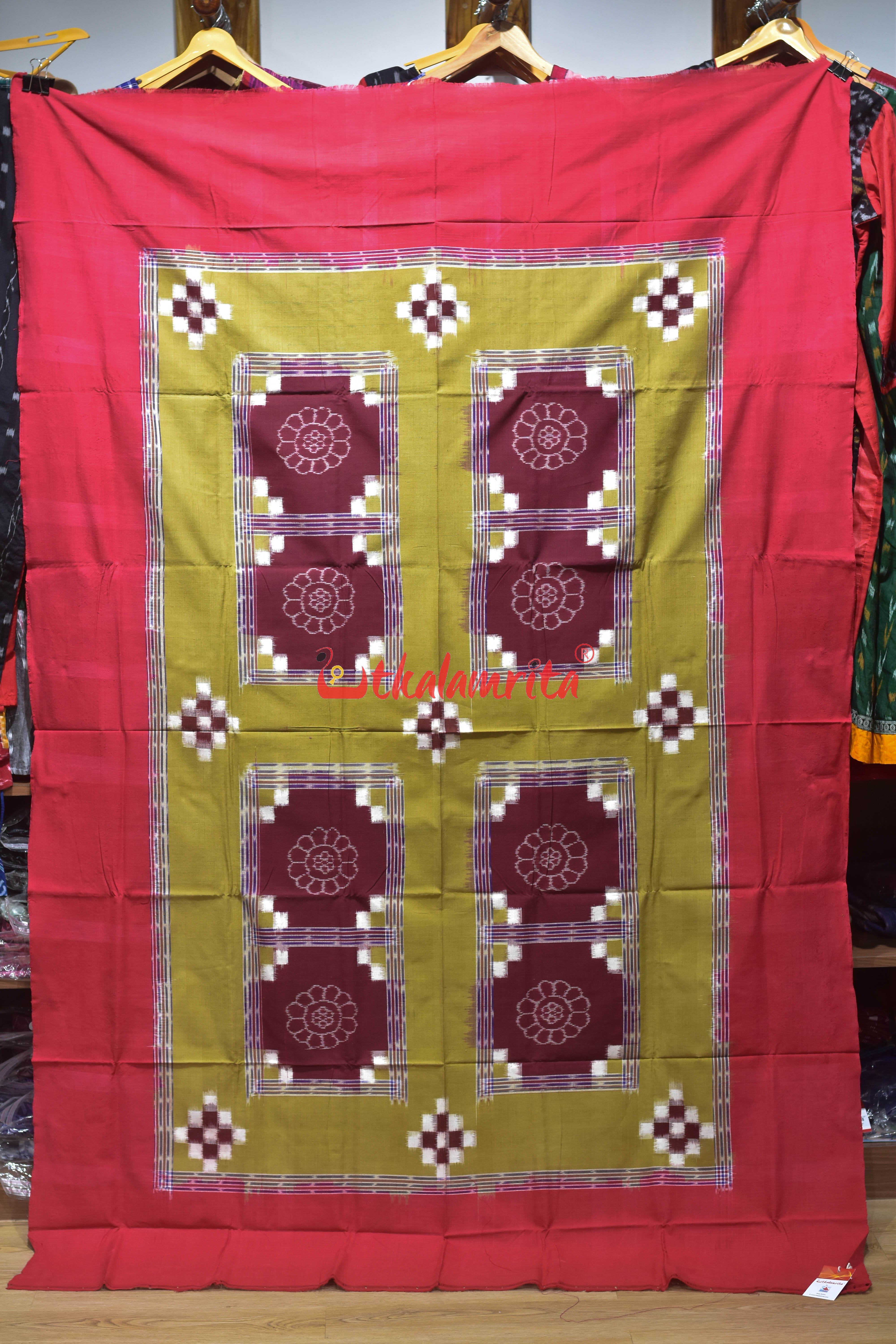 Khaki Red Flower Bandha Cotton  (Single Bedsheet)