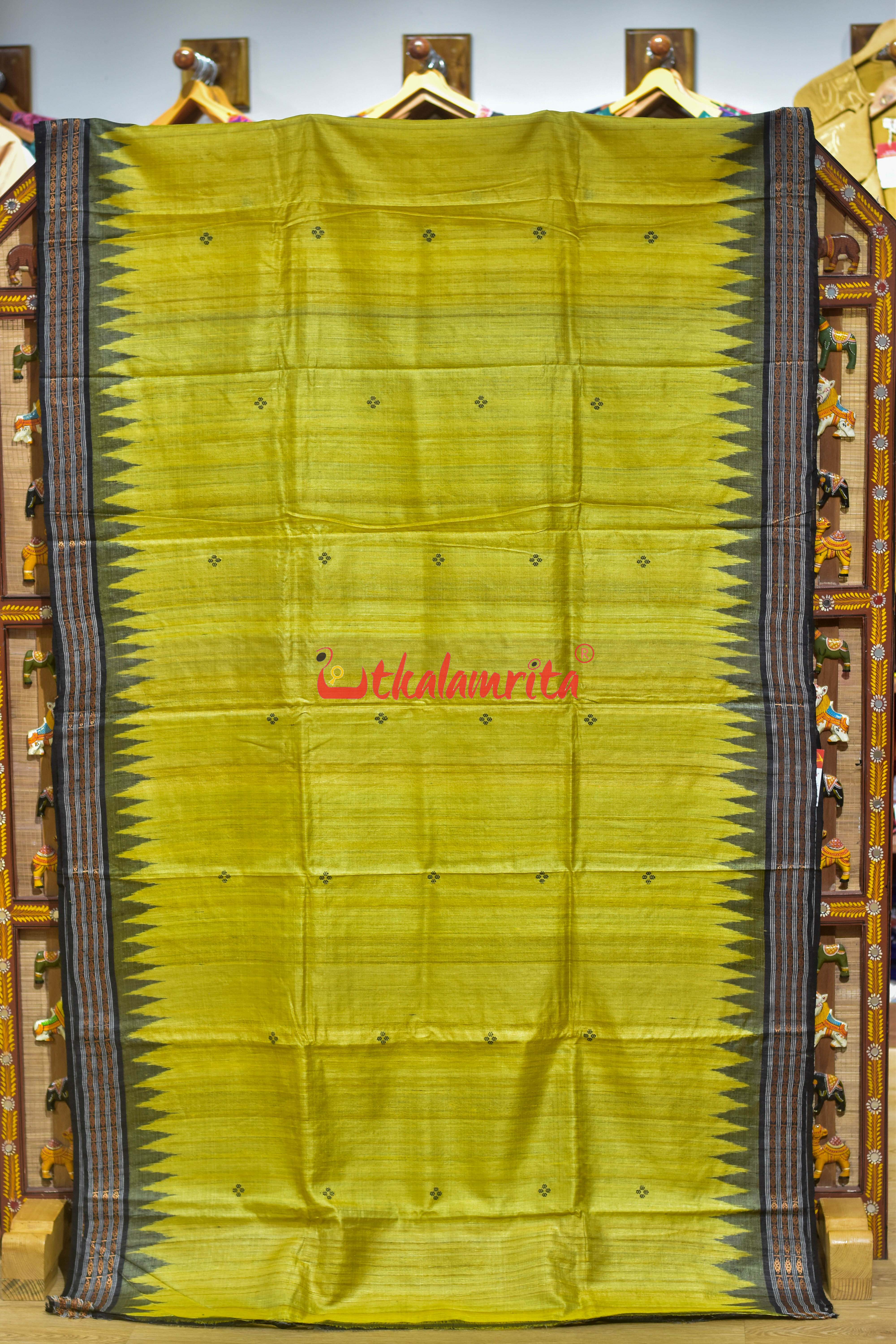 Yellow Black Dobby Border Fine Gopalpur Tussar Silk Saree