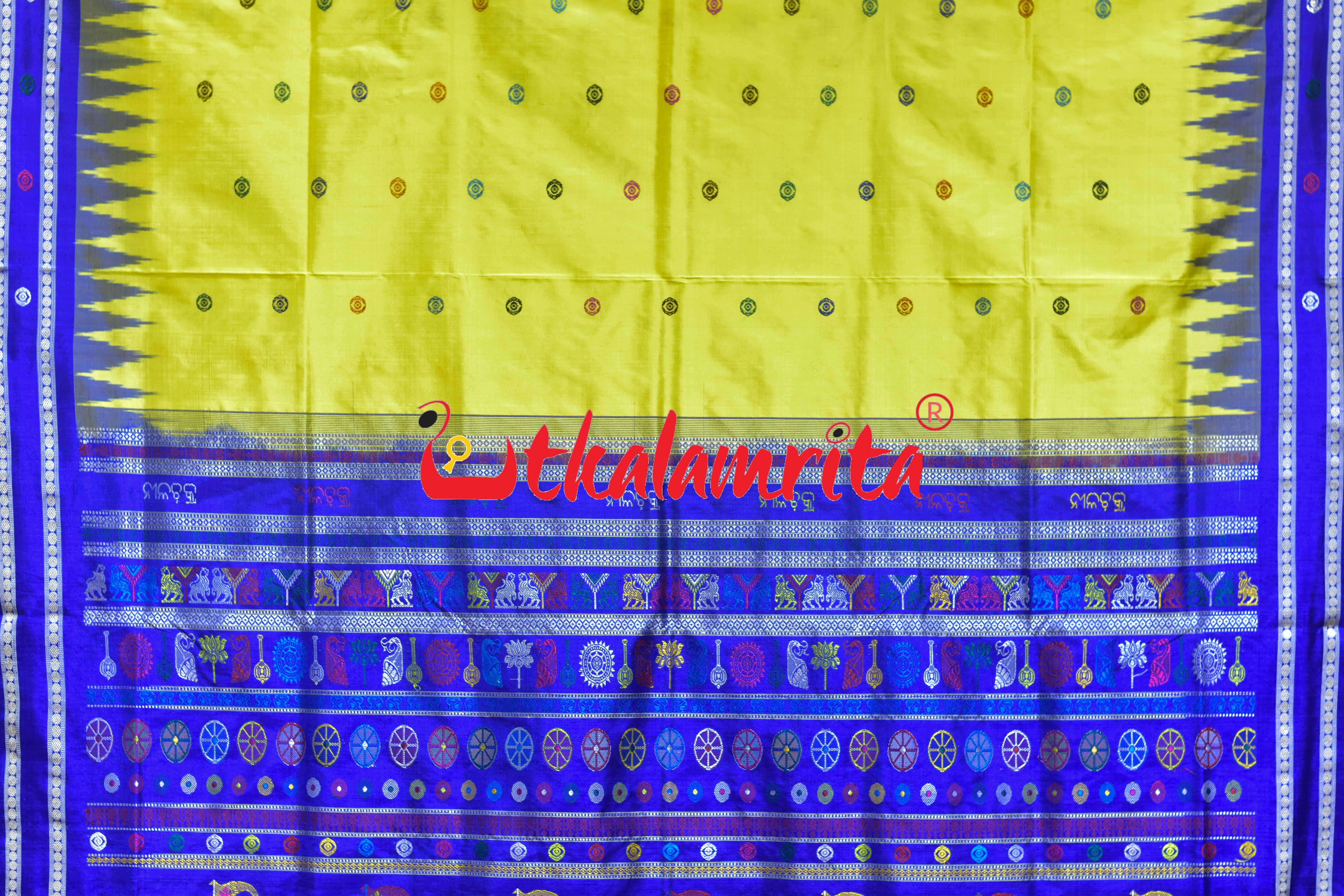 Yellow Blue Nilachakra Bomkai Silk Saree