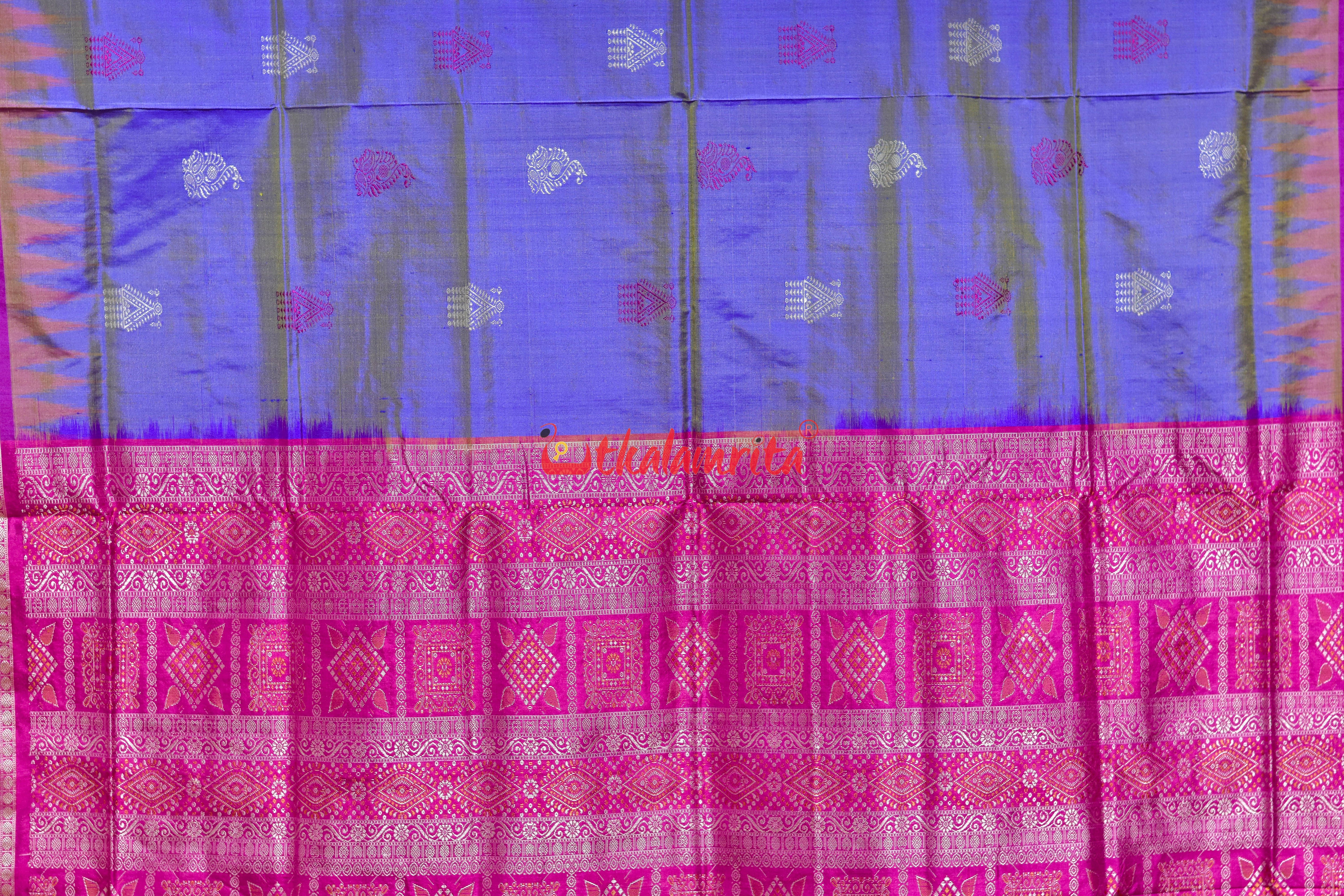 Golden Blue Rani Mayura Mukuta Bomkai Silk Saree