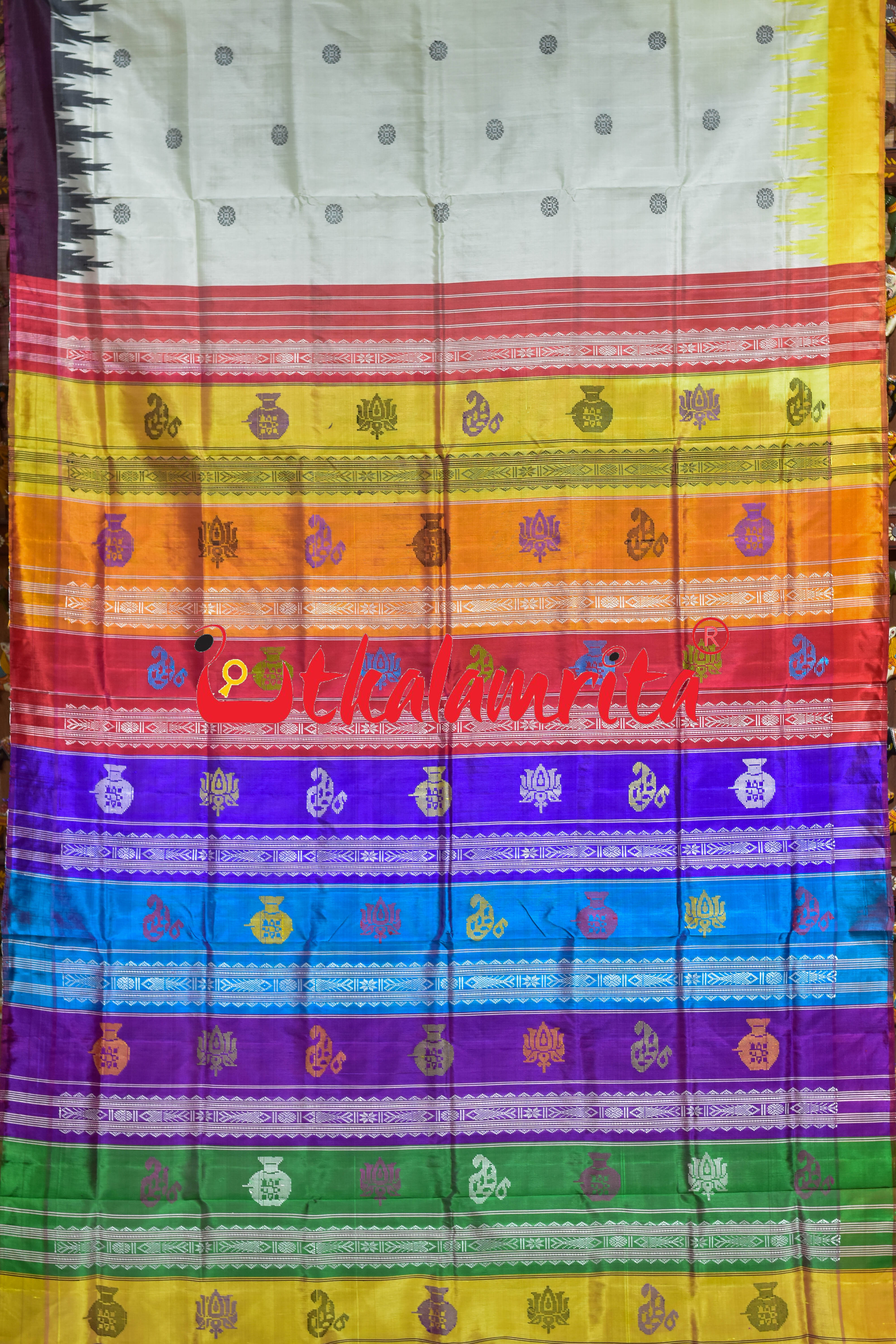 Off White Wine Yellow Border Double Anchal Berhampuri Silk Saree