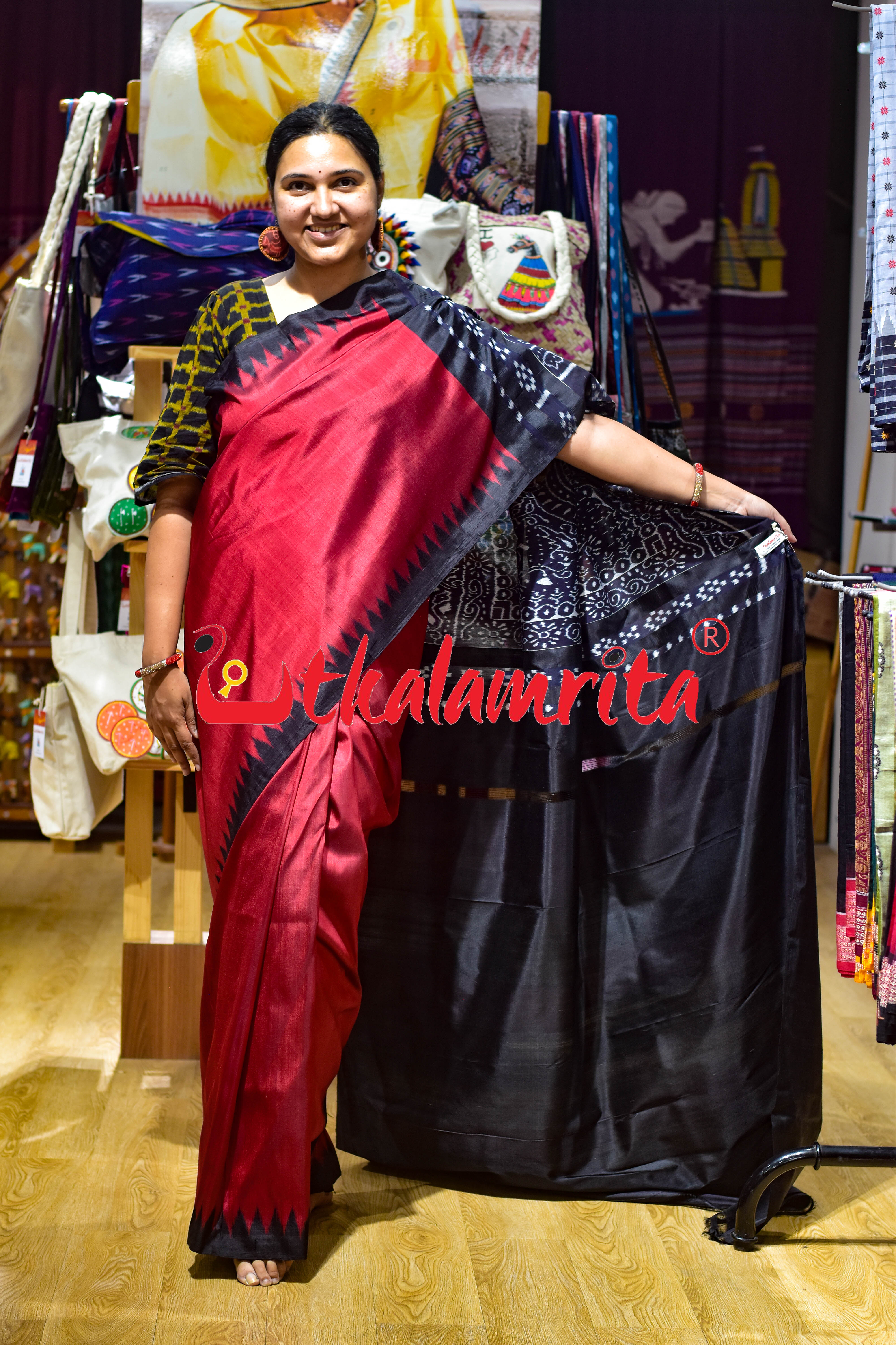 Baala Buti Maroon Black Khandua Silk Saree
