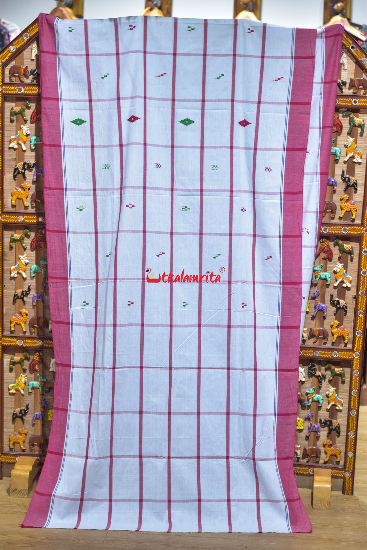 White Check Red Lines Santhal Saree