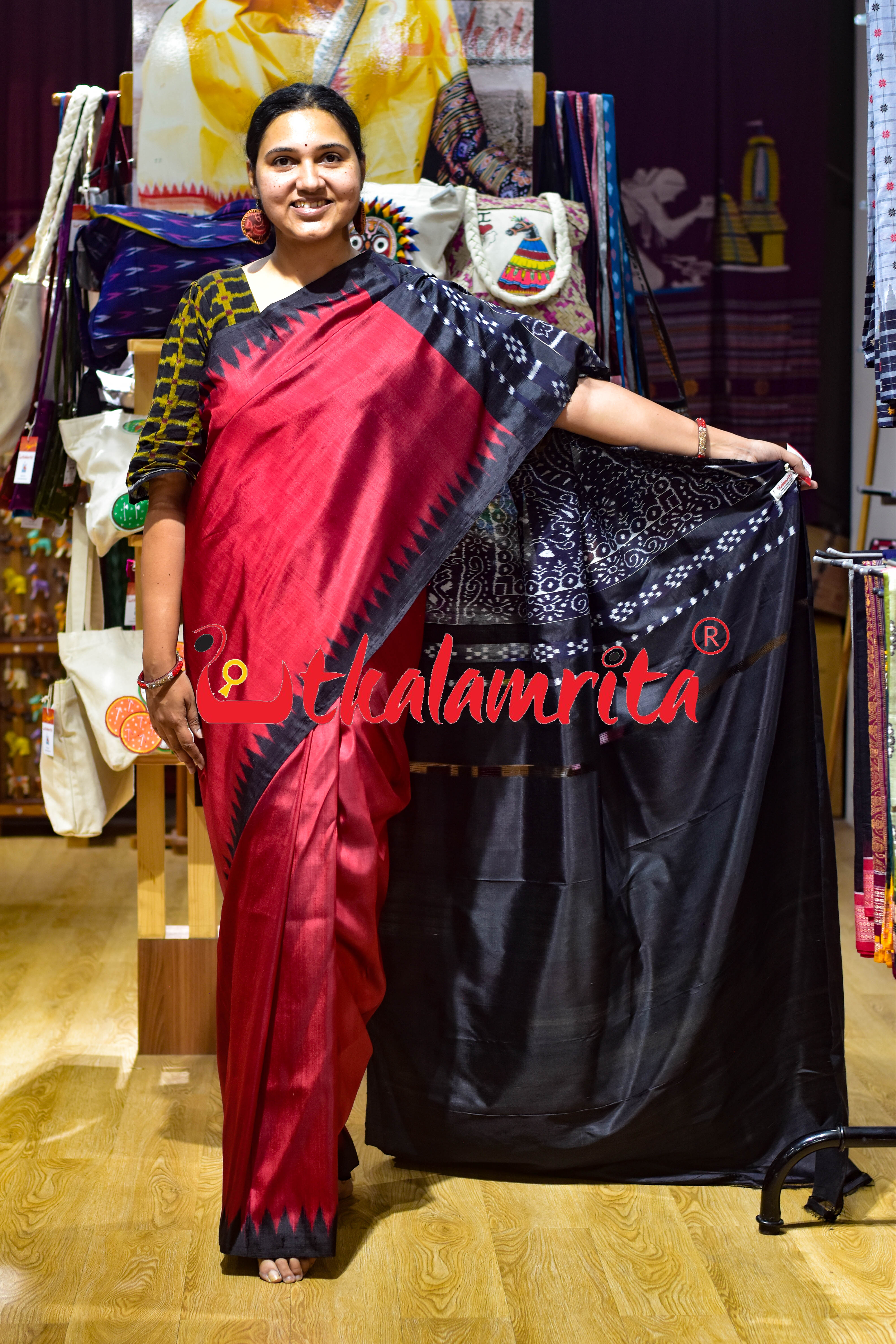 Baala Buti Maroon Black Khandua Silk Saree