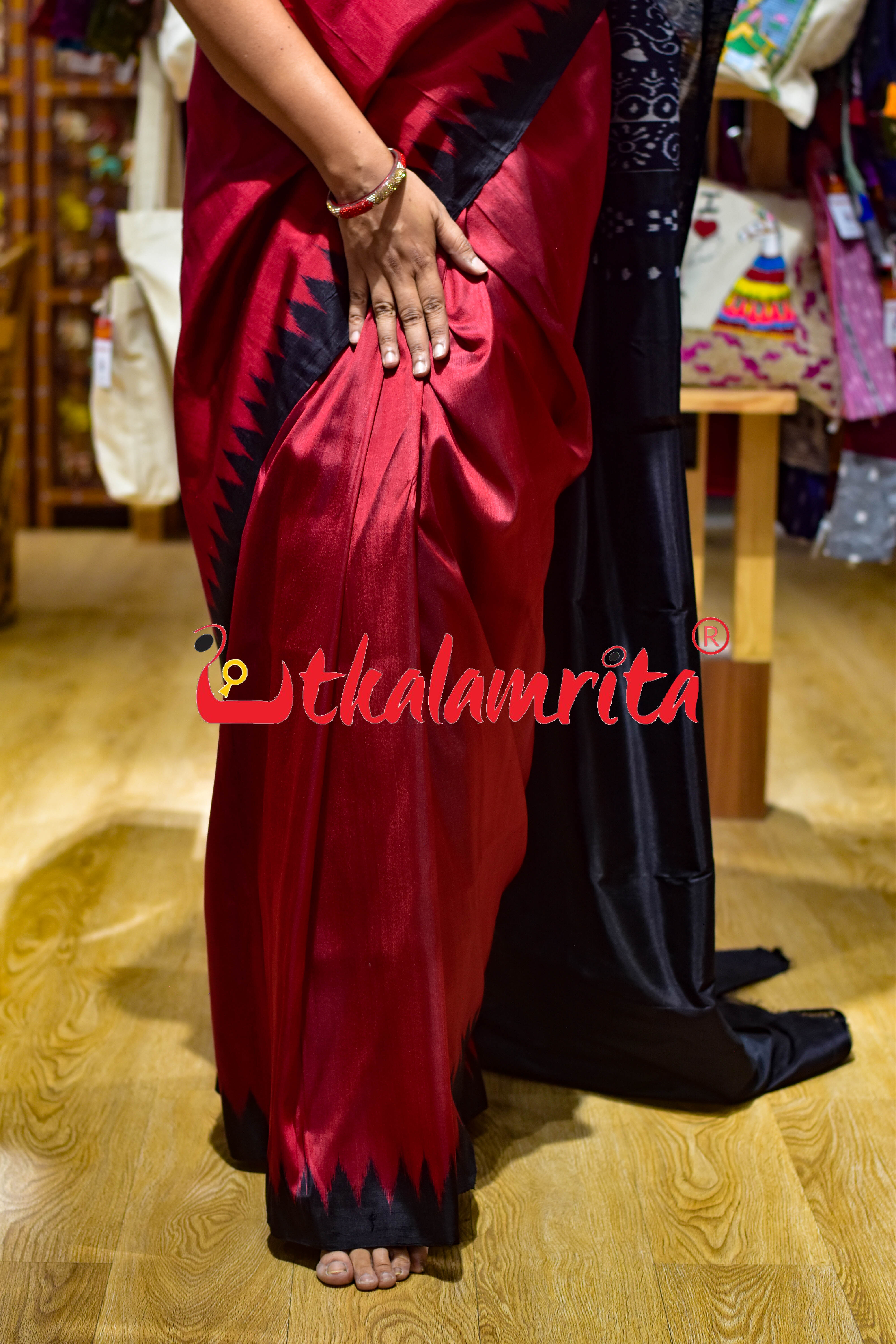 Baala Buti Maroon Black Khandua Silk Saree