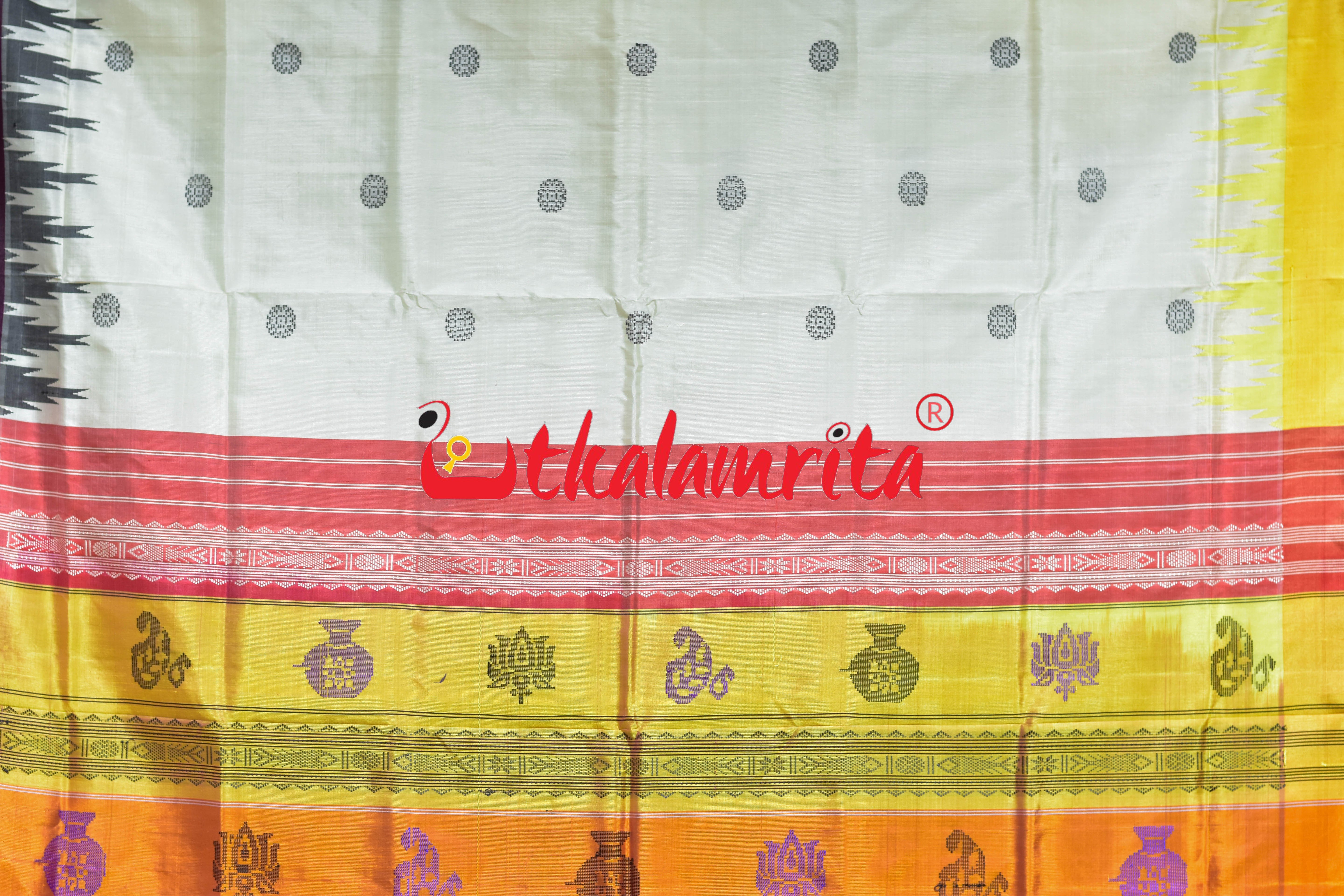 Off White Wine Yellow Border Double Anchal Berhampuri Silk Saree