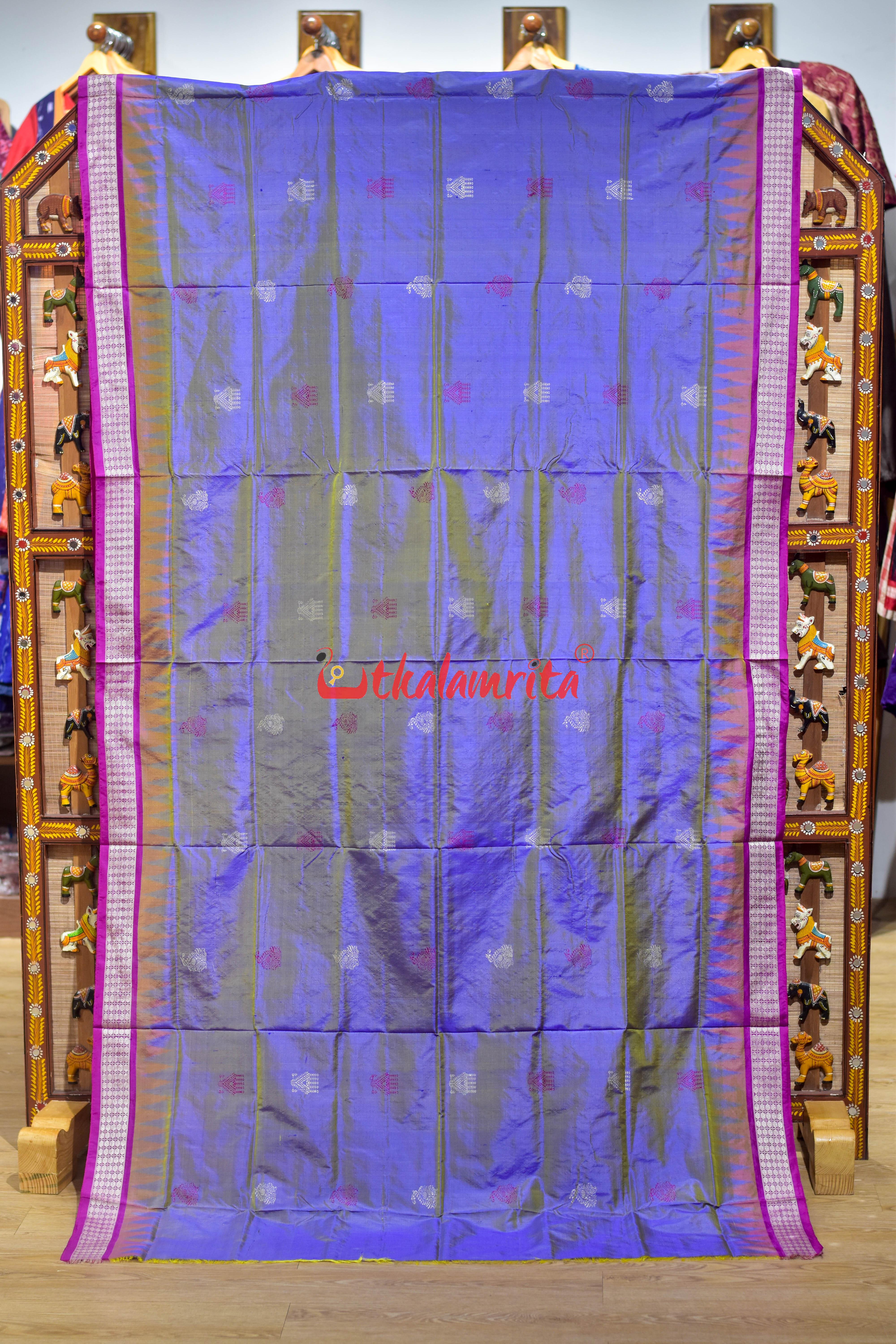 Golden Blue Rani Mayura Mukuta Bomkai Silk Saree