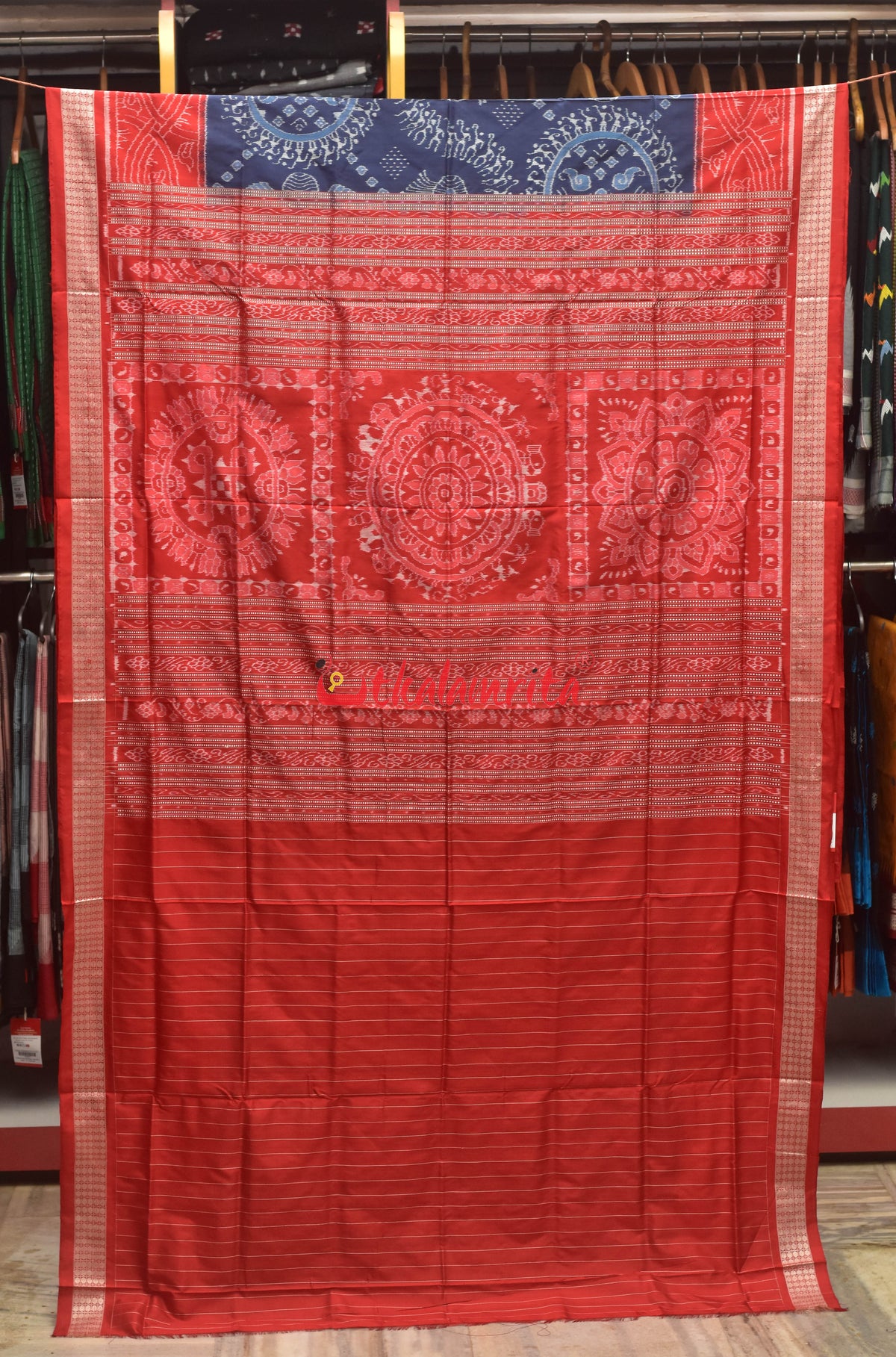 Prussian Blue with Red Border Sambalpuri Silk Saree