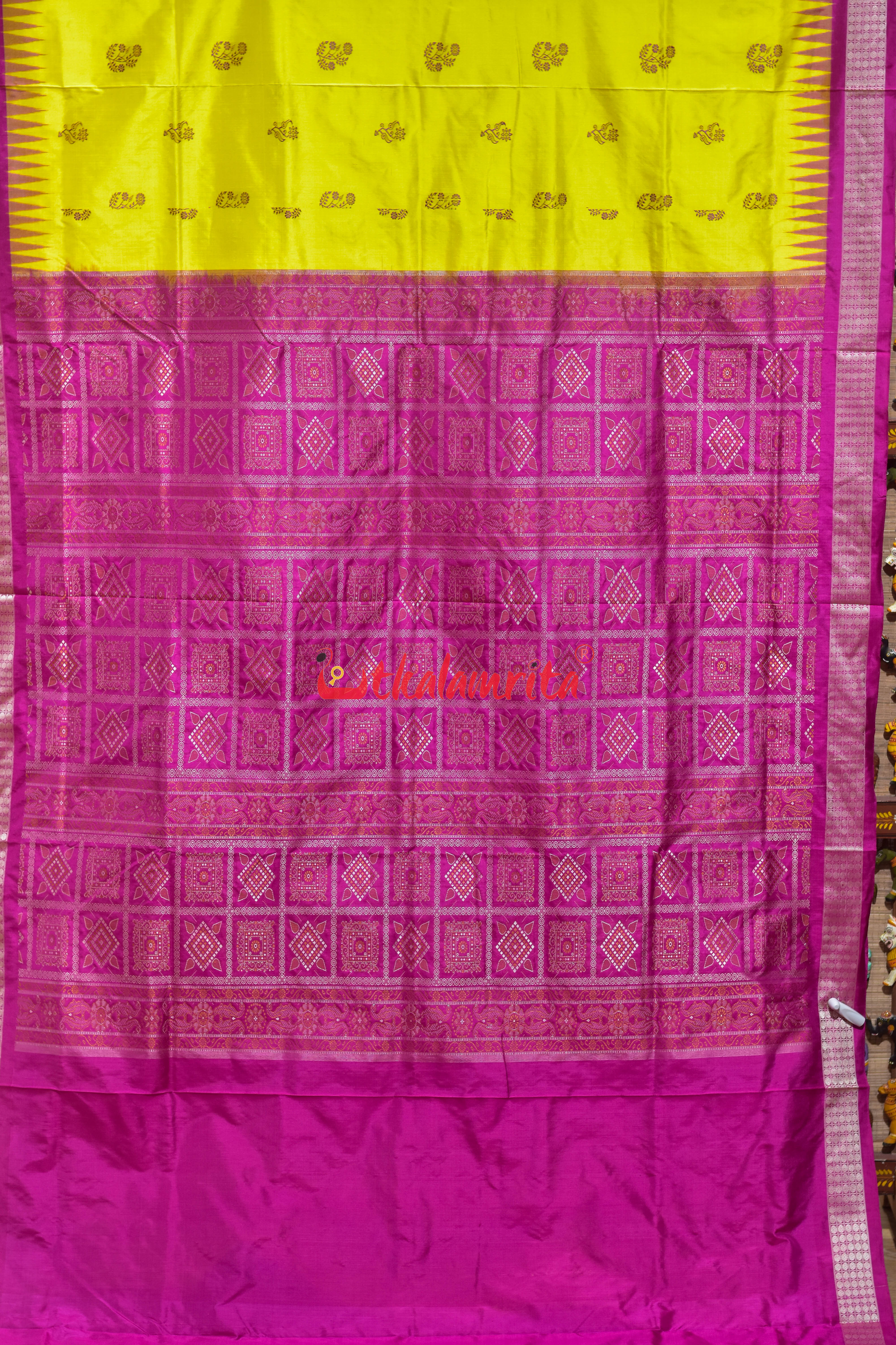 Lemon Yellow Rani Phula Dala Bomkai Silk Saree