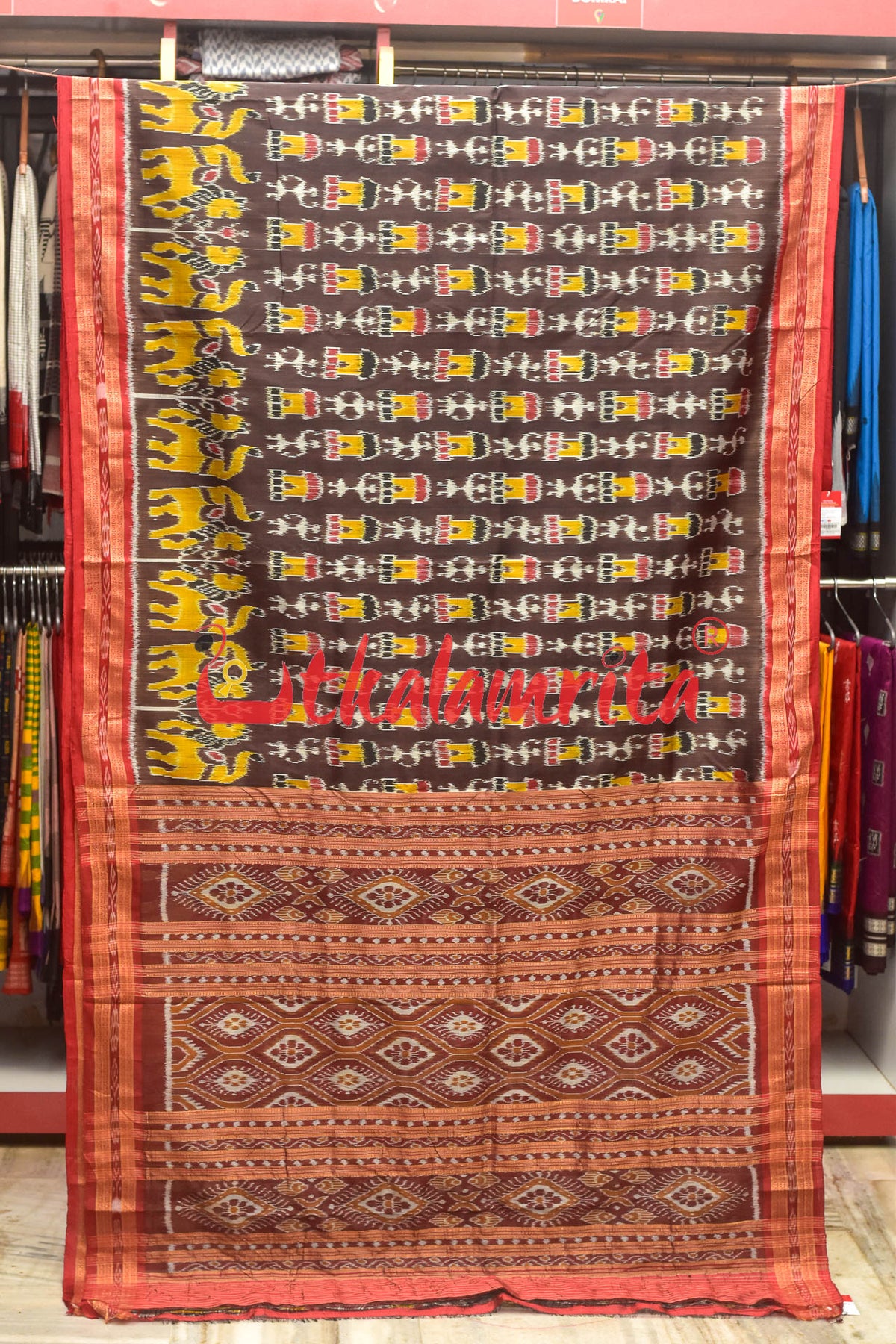 Coffee Lions and Huts Khandua Silk Saree