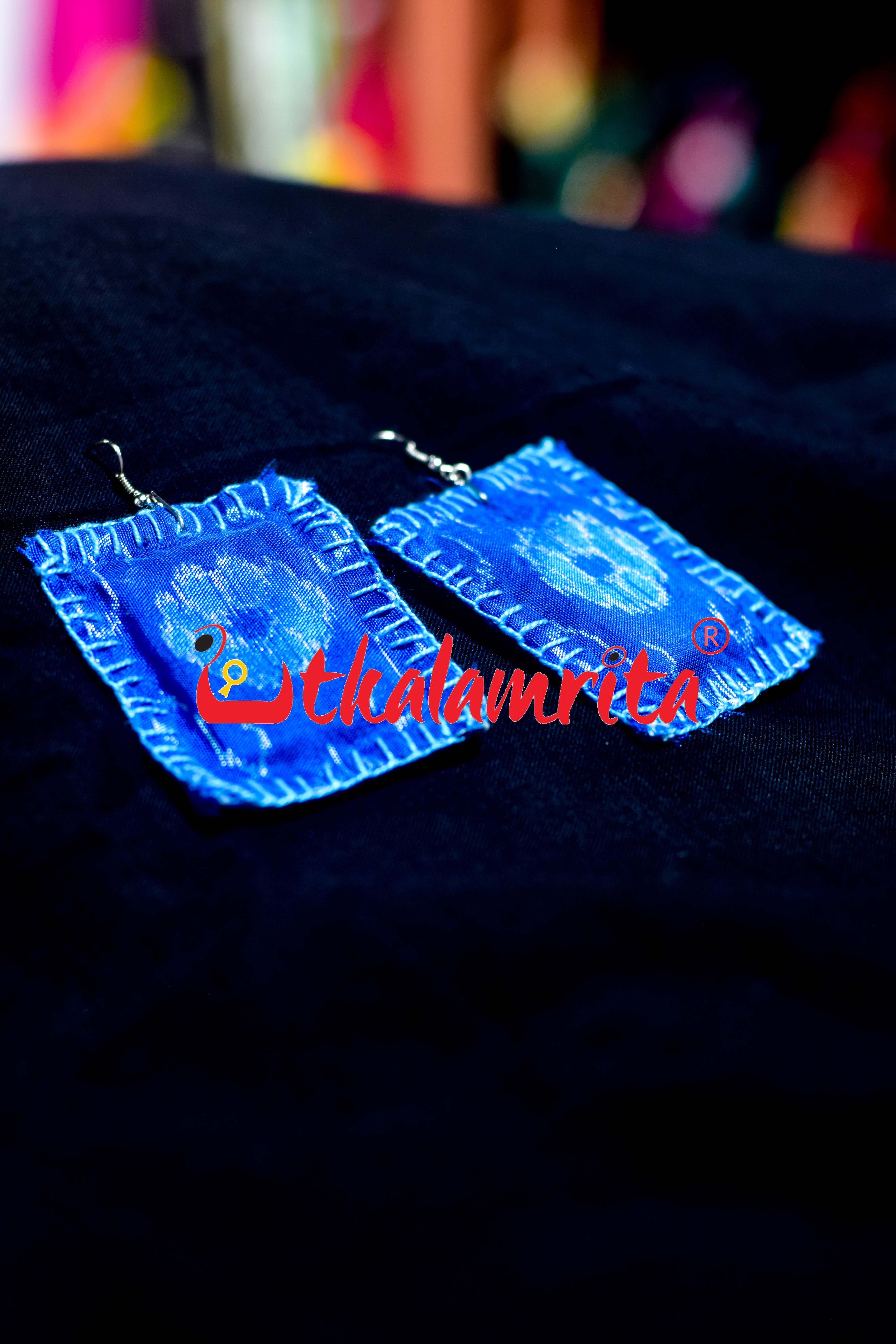 Blue Silk Rectangle Earrings