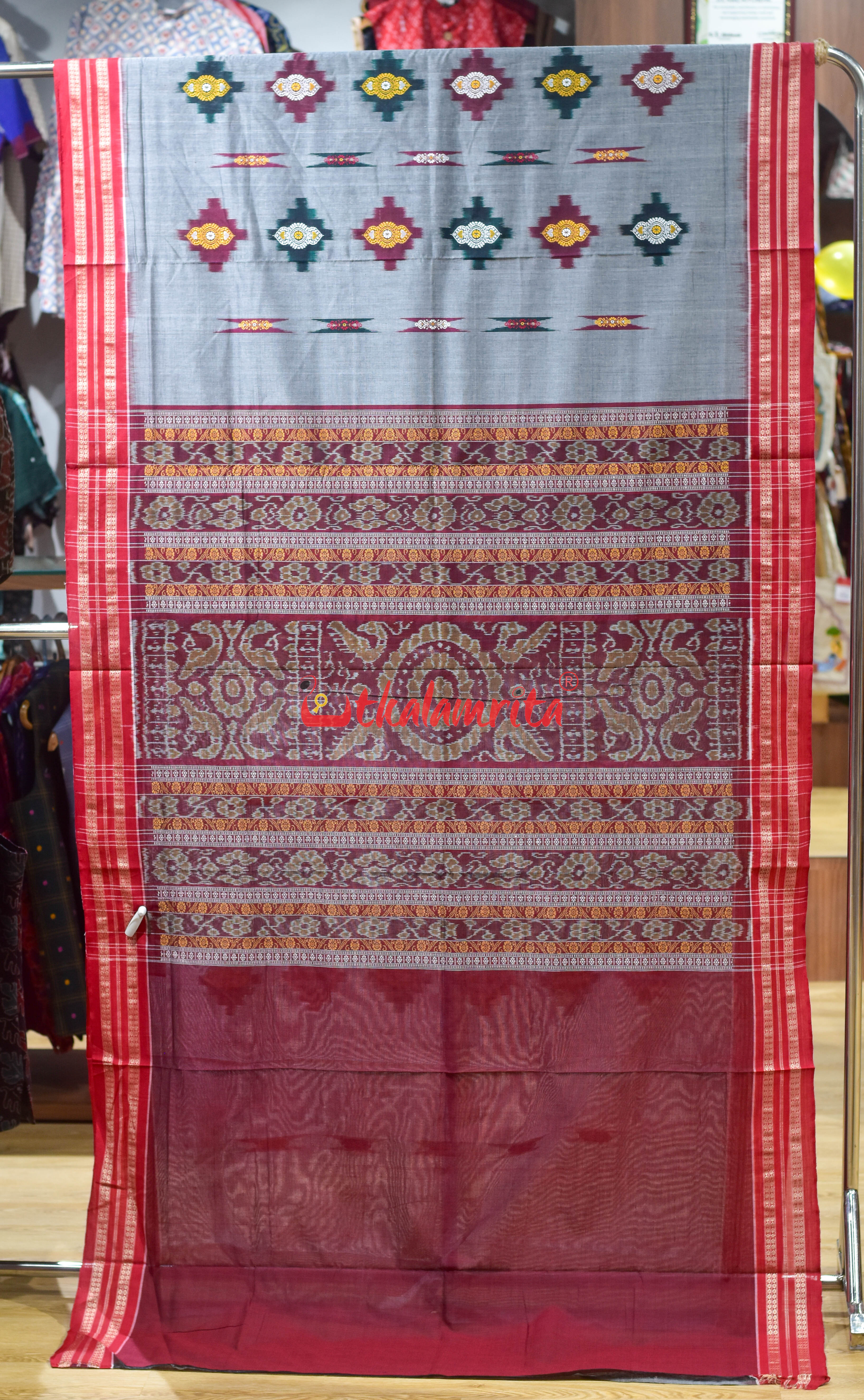 Grey Red Sakta Bomkai Cotton Saree