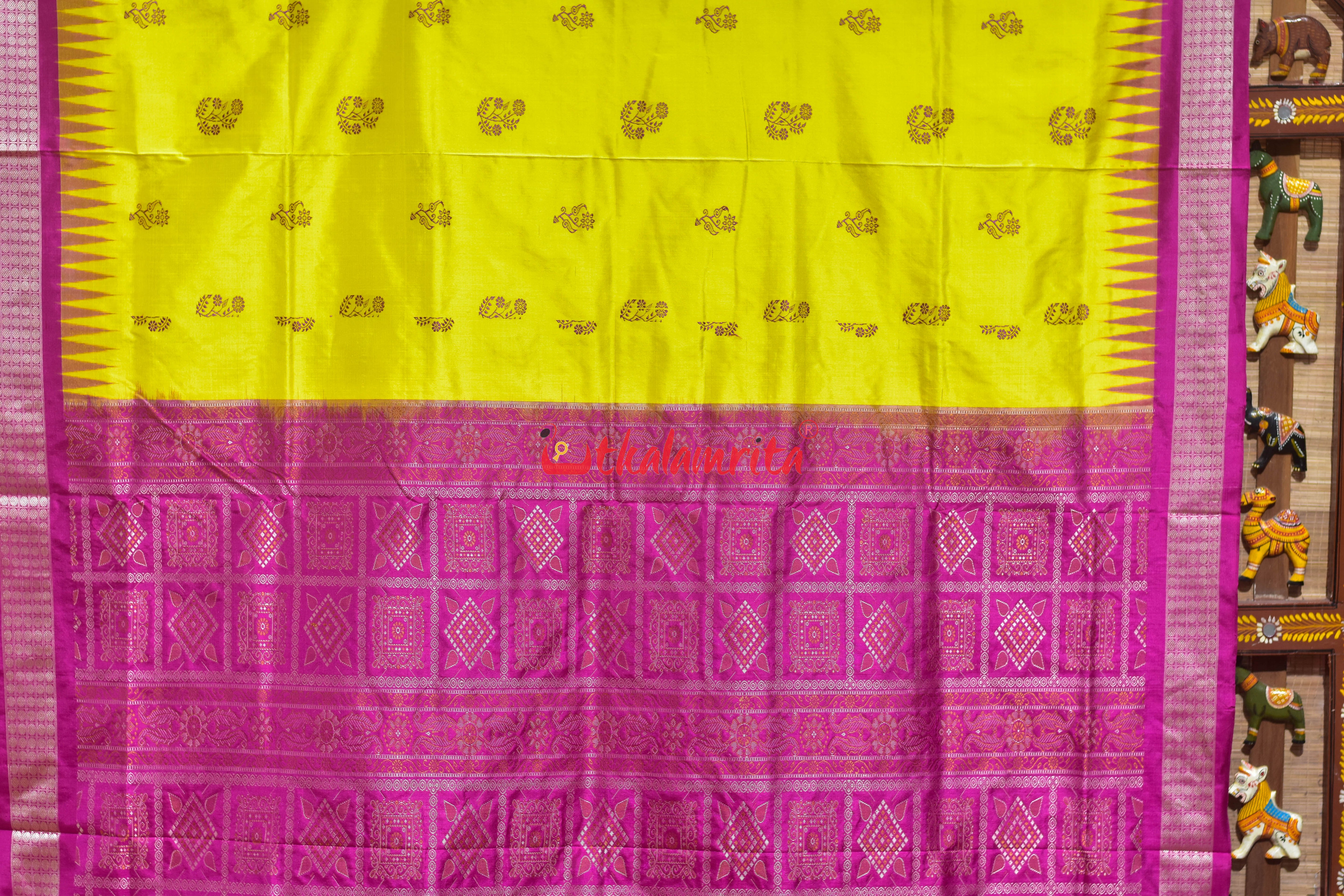 Lemon Yellow Rani Phula Dala Bomkai Silk Saree