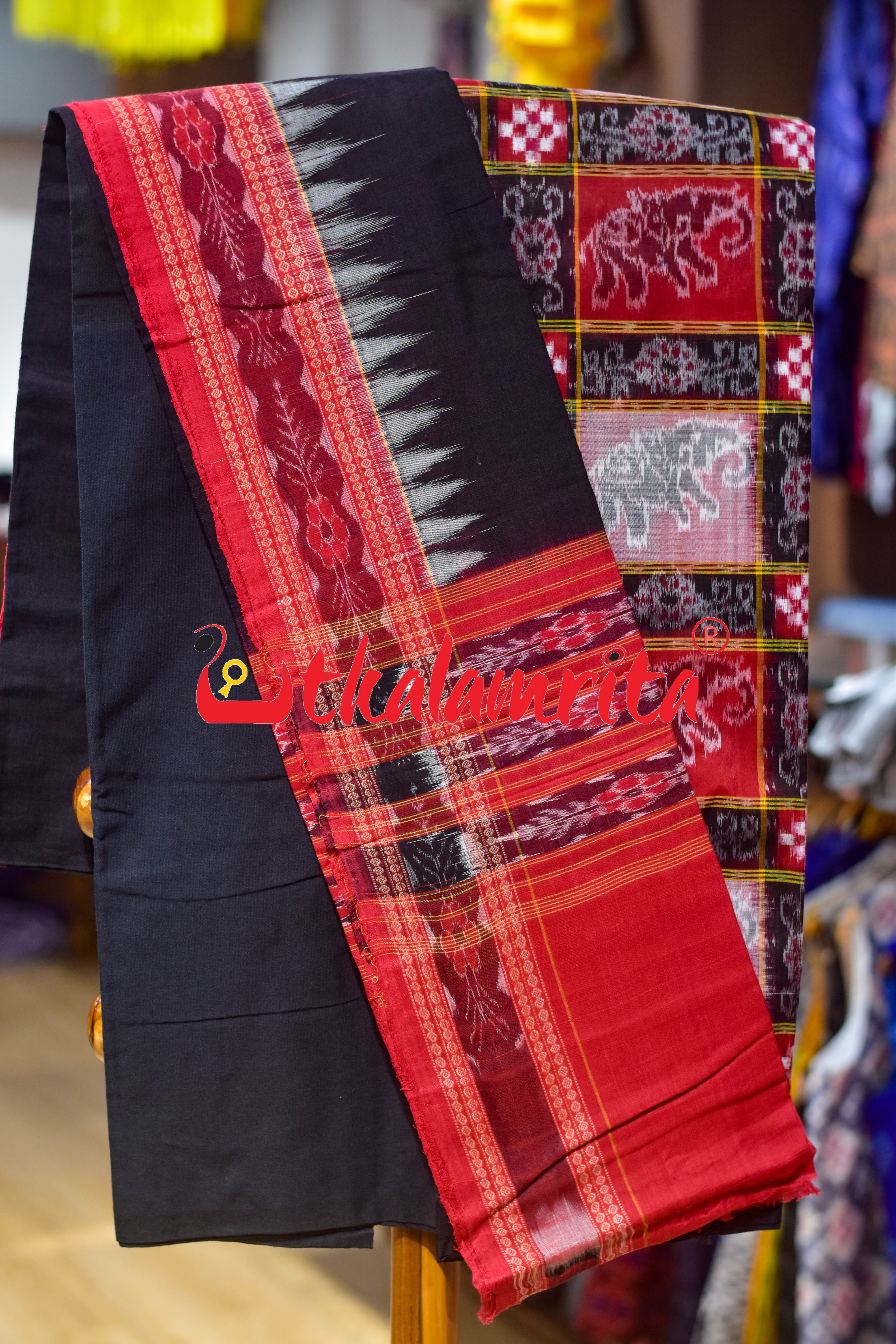 Red Black Kothi Elephants Sambalpuri Cotton Dress Set