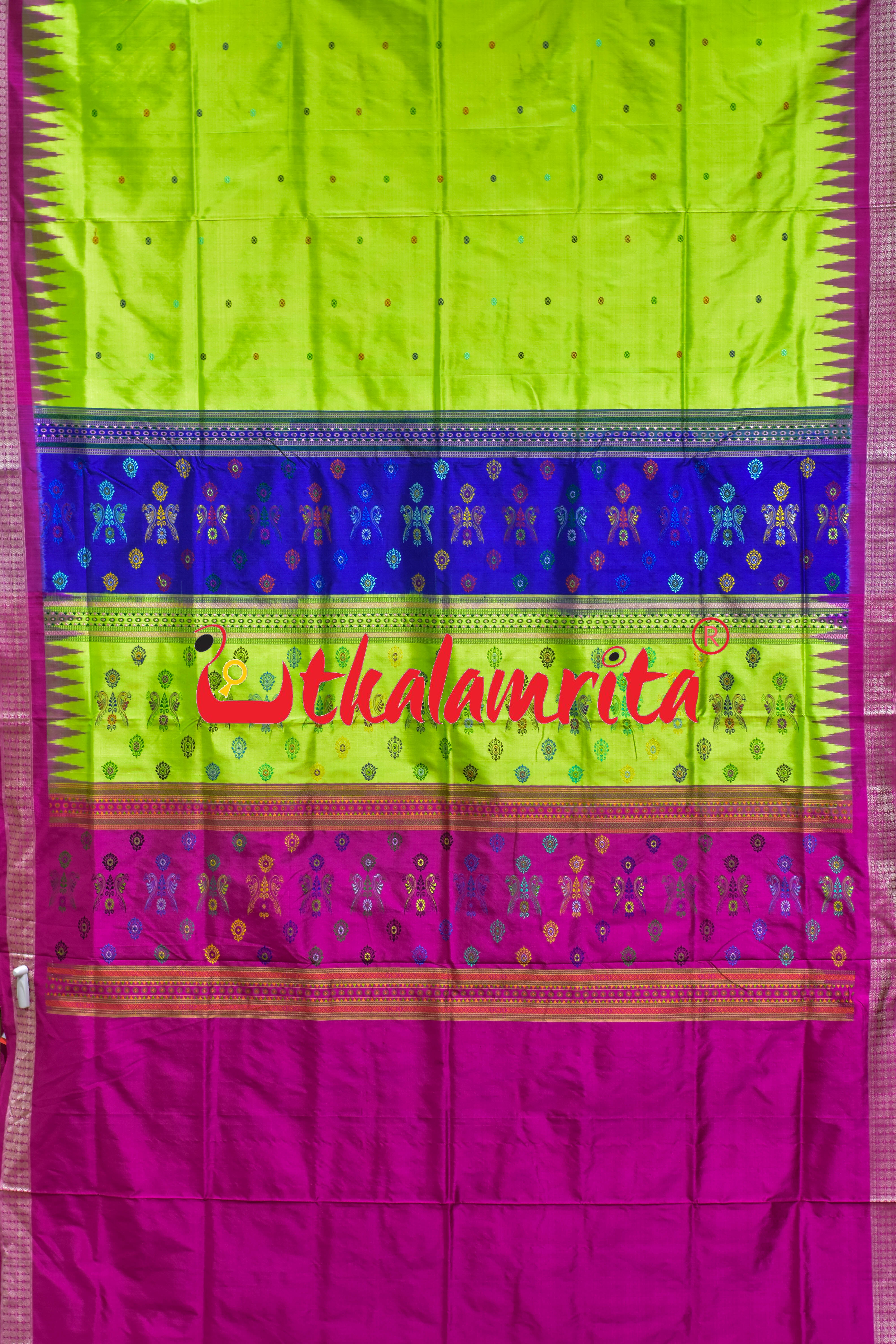 Prajapati Anchal Fluorescent Green Rani Bomkai Silk Saree