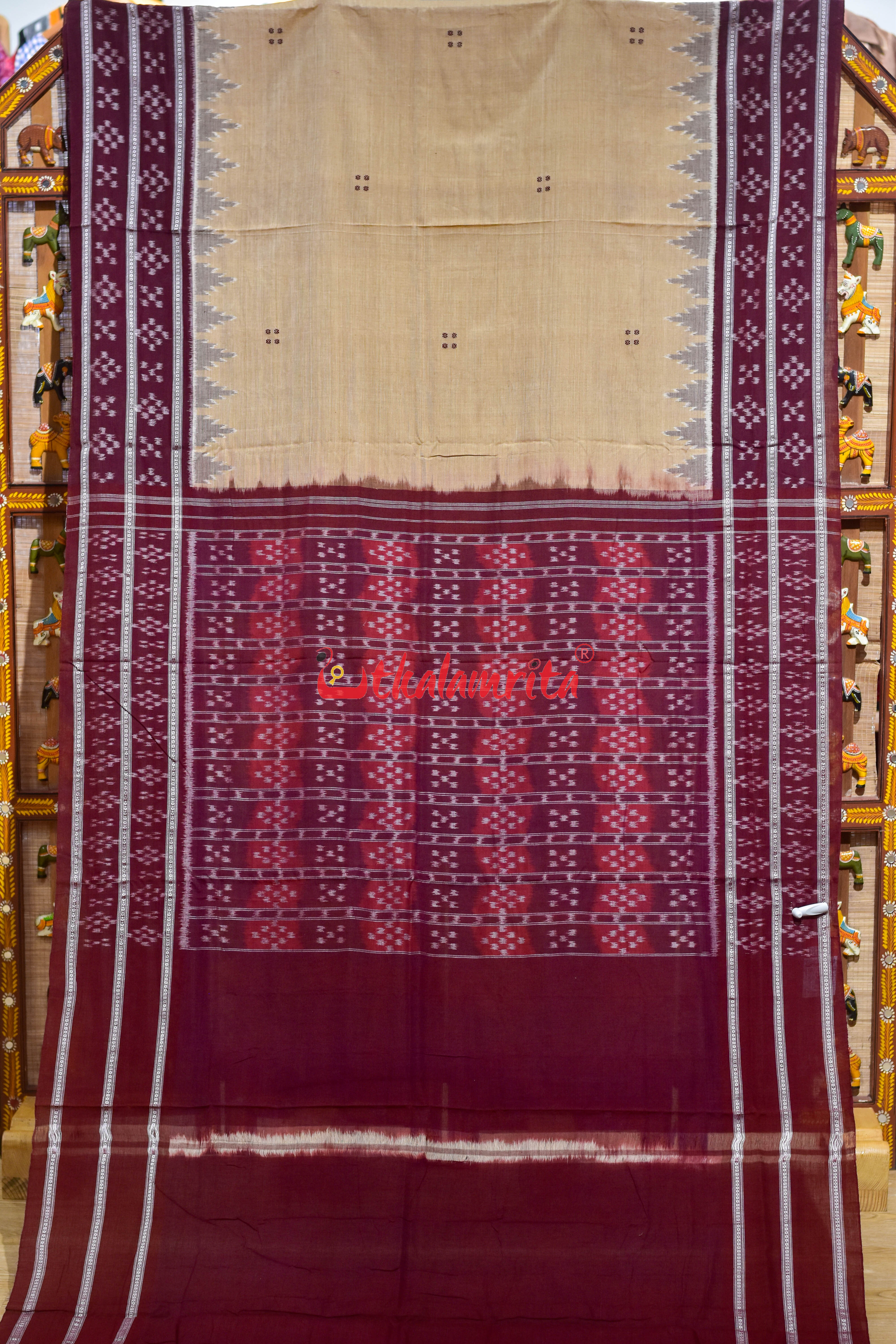 Chandan Maroon Double Pasapali Border Khandua Cotton Saree