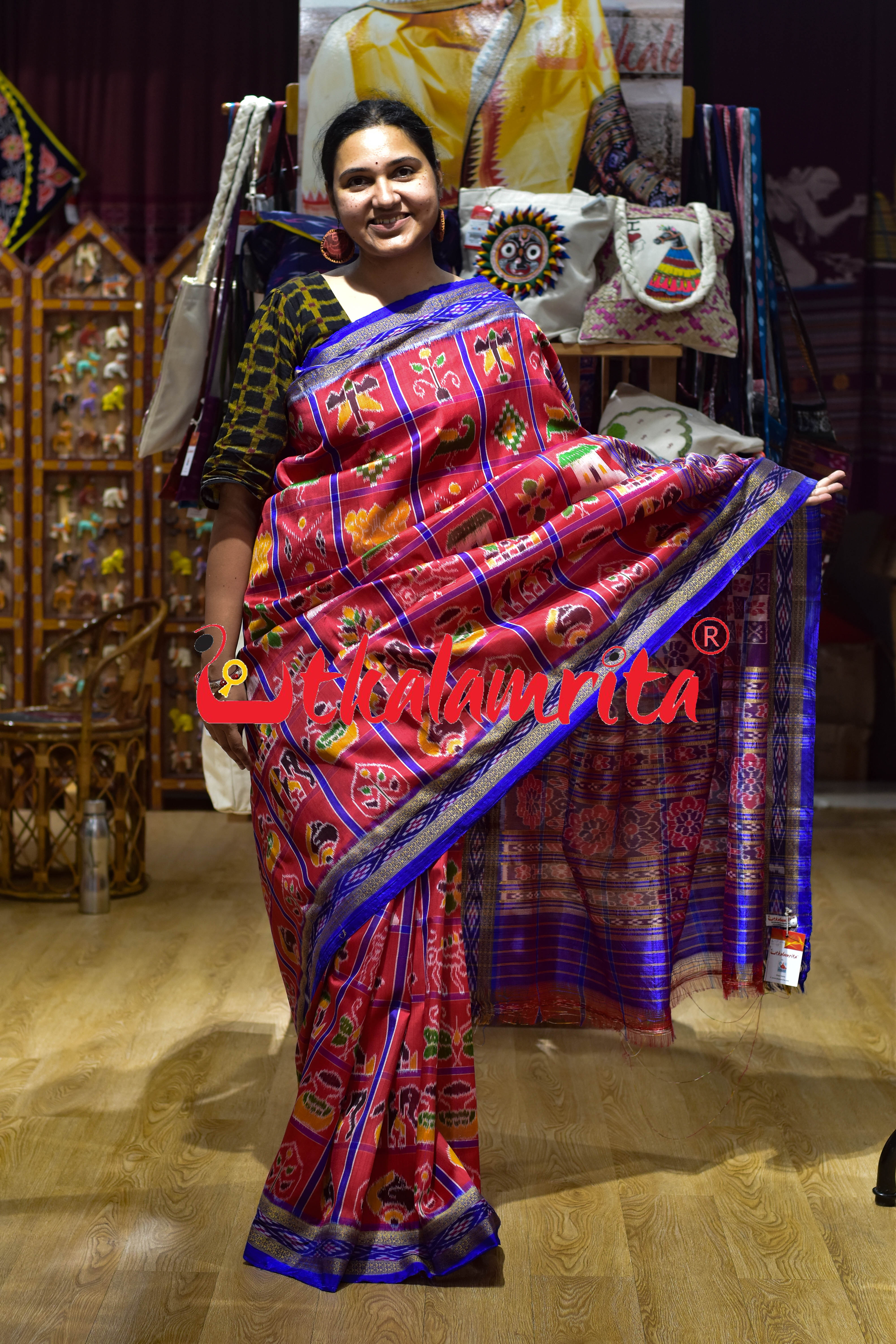 Red with Blue Lines Nabarangi Silk