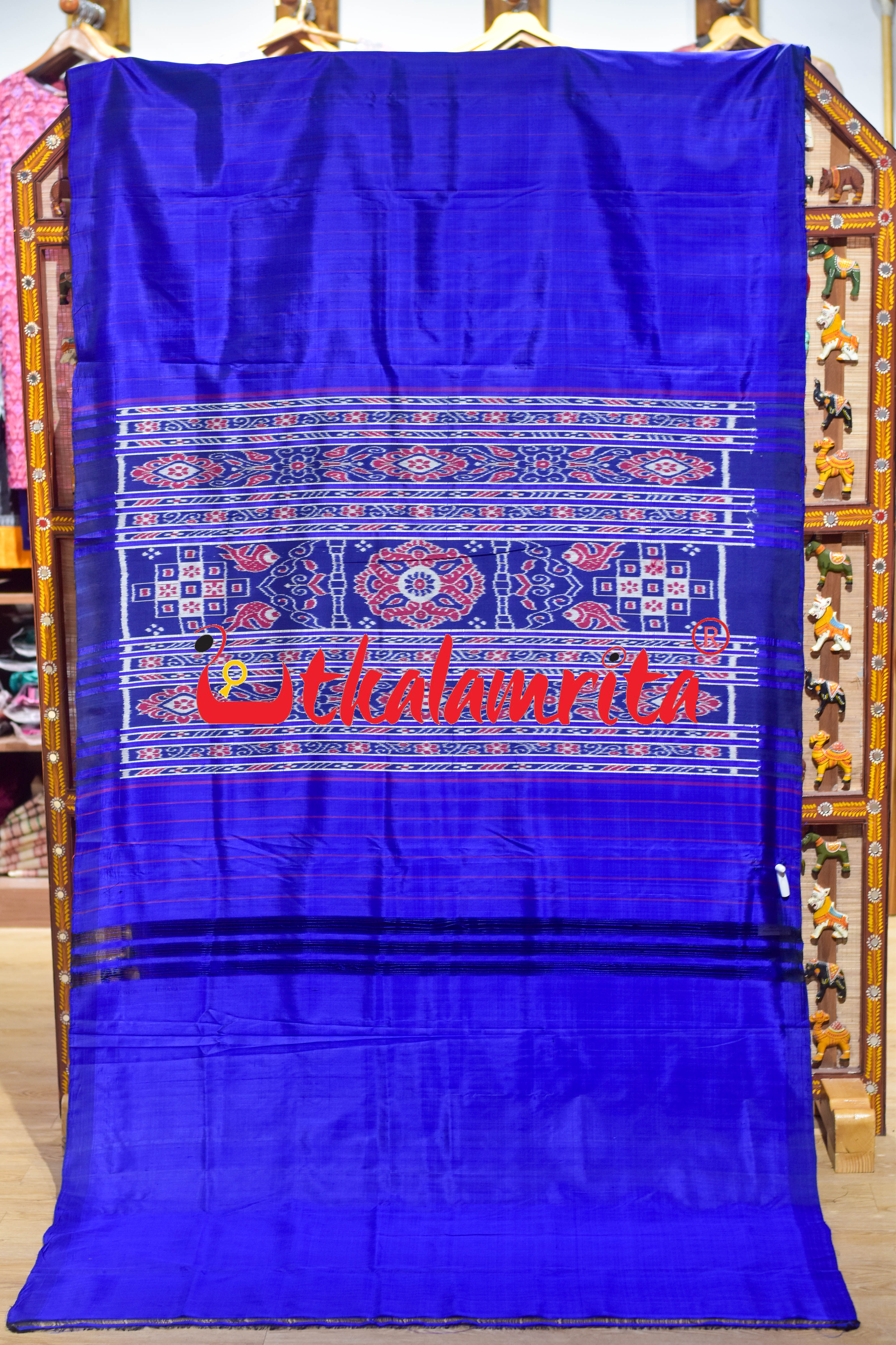 Self Blue Red Stripes Khandua Silk Saree