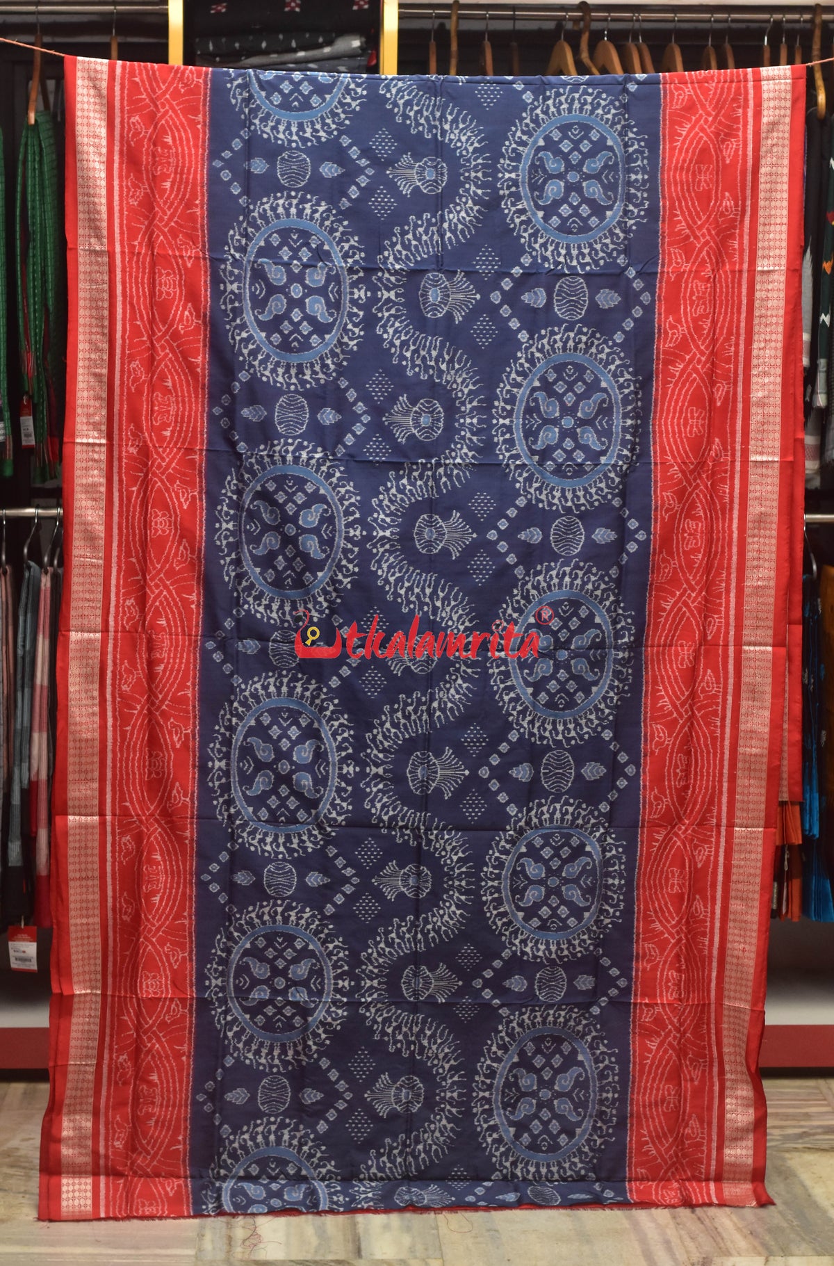 Prussian Blue with Red Border Sambalpuri Silk Saree