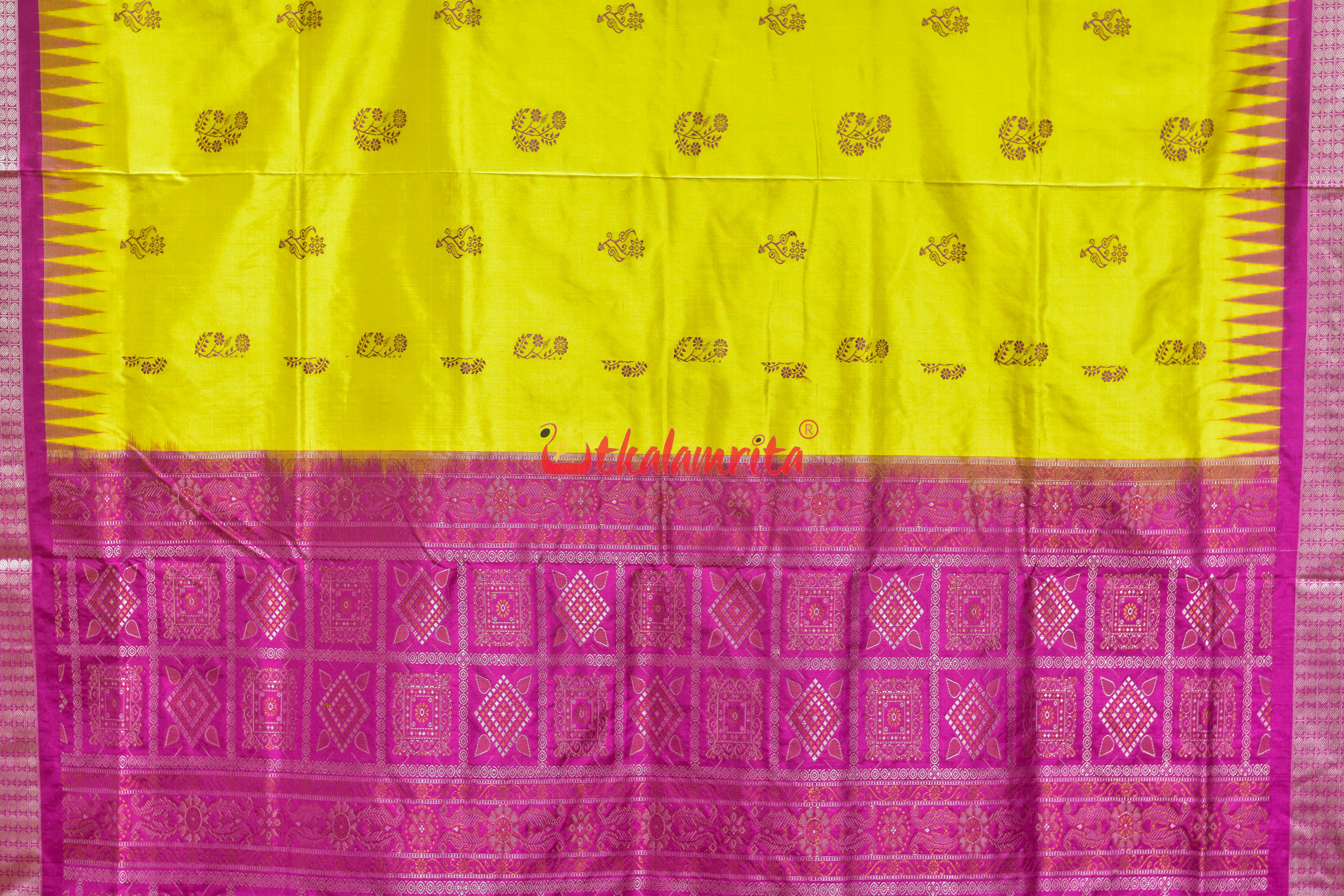 Lemon Yellow Rani Phula Dala Bomkai Silk Saree