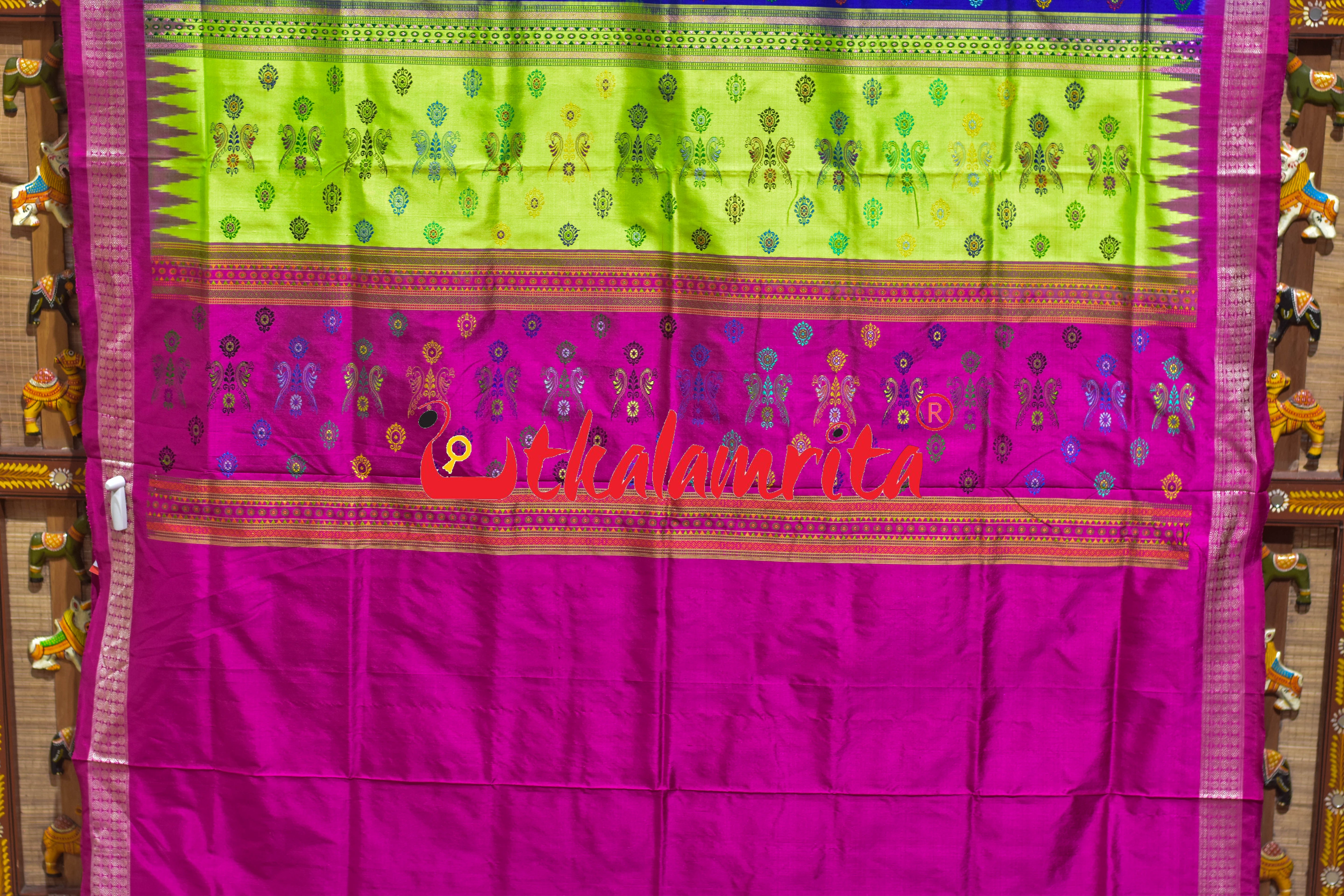 Prajapati Anchal Fluorescent Green Rani Bomkai Silk Saree