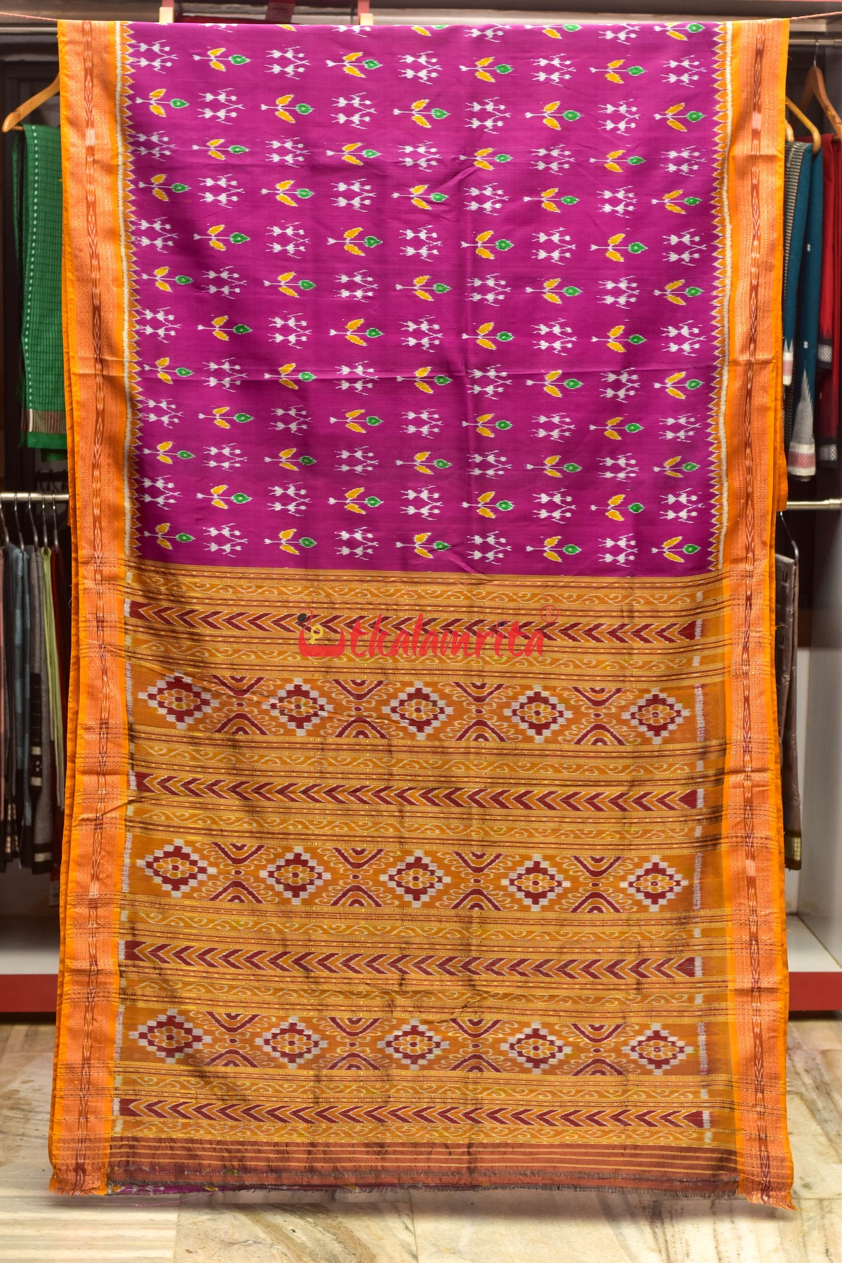 Magenta Patra Tribal Khandua Silk Saree