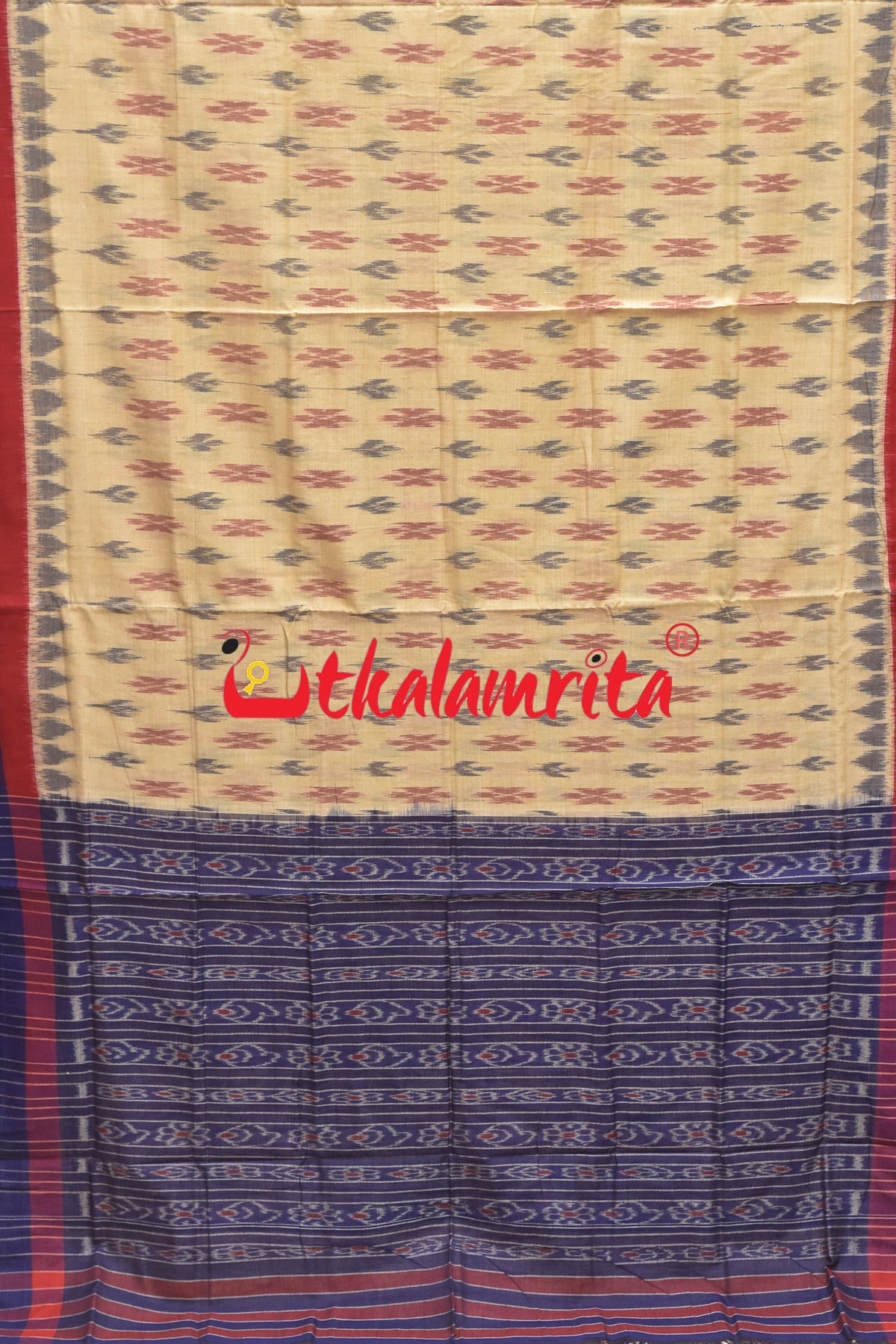 Tussarite Red Blue Double Border Khandua Cotton Saree