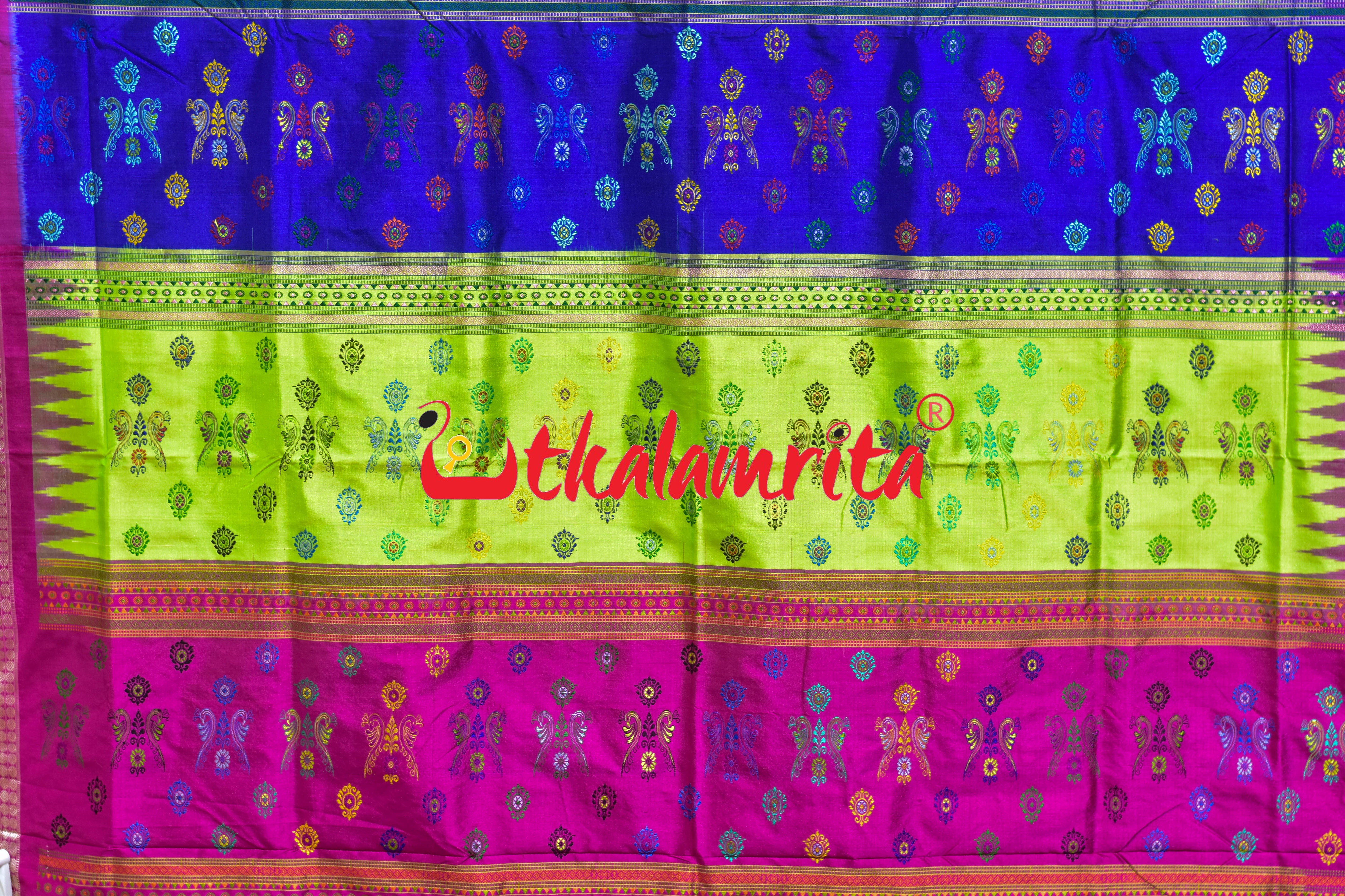 Prajapati Anchal Fluorescent Green Rani Bomkai Silk Saree