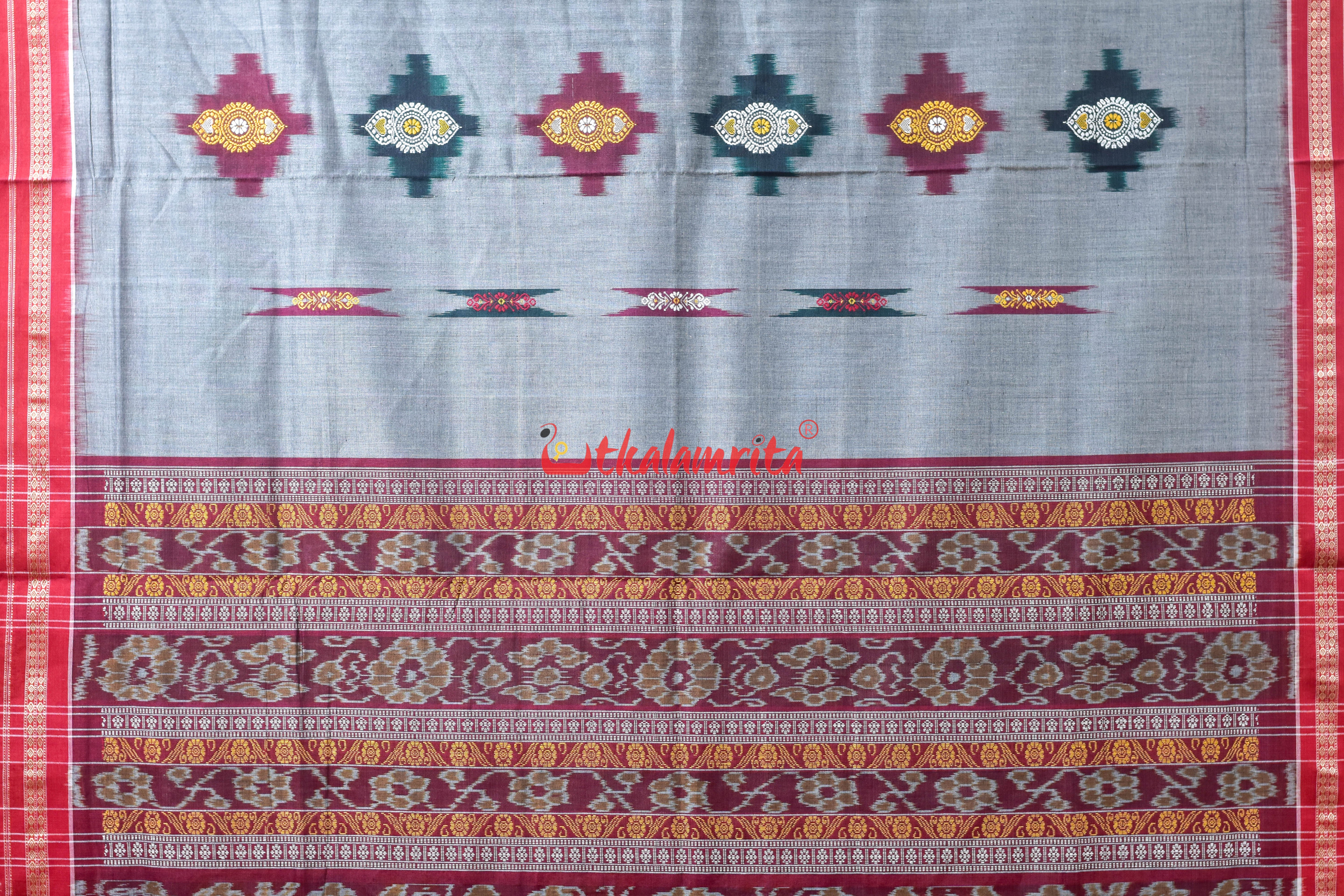 Grey Red Sakta Bomkai Cotton Saree