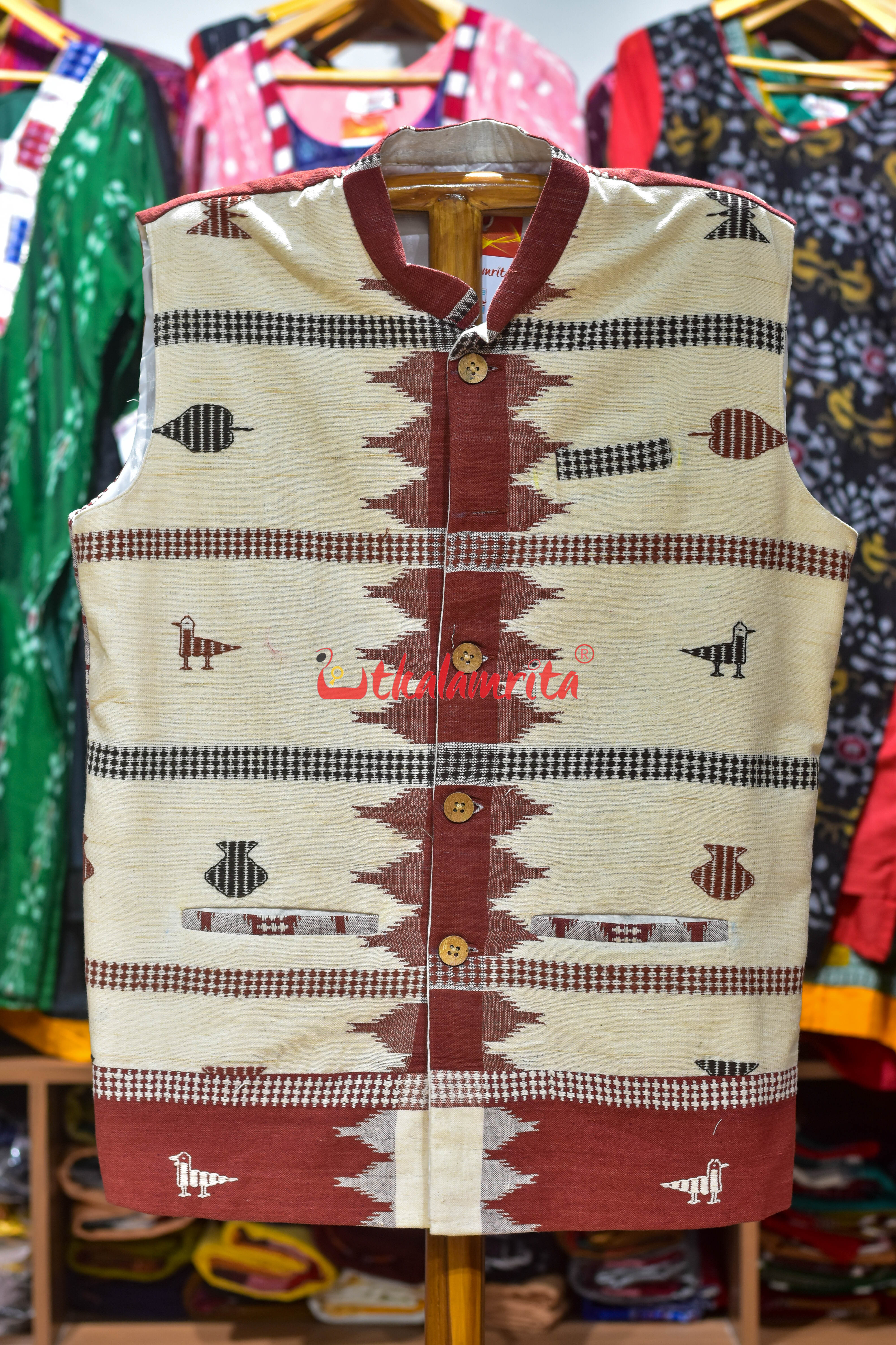 Half Half Off White Maroon Adibasi Kotpad (Modi Jacket)