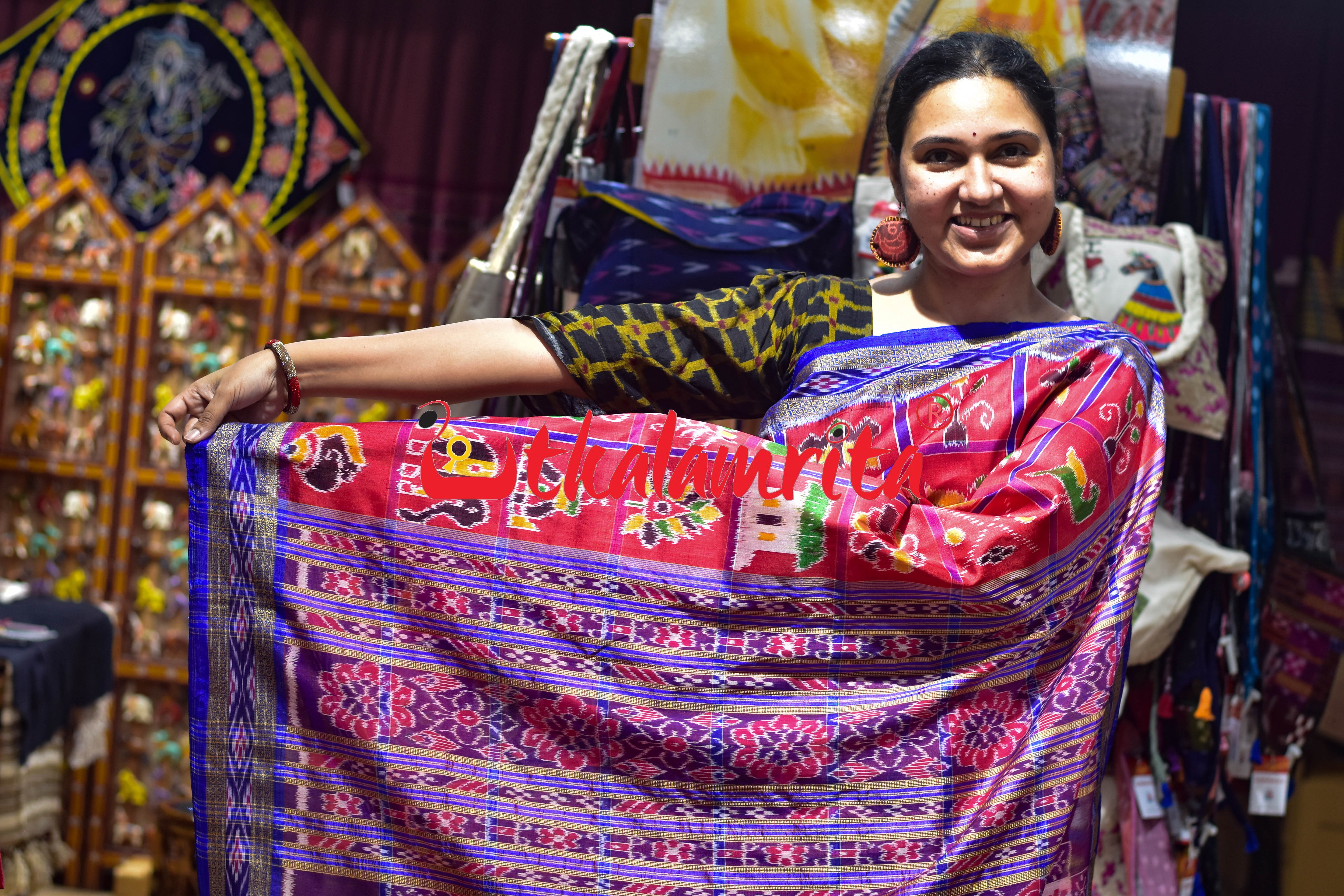 Red with Blue Lines Nabarangi Silk