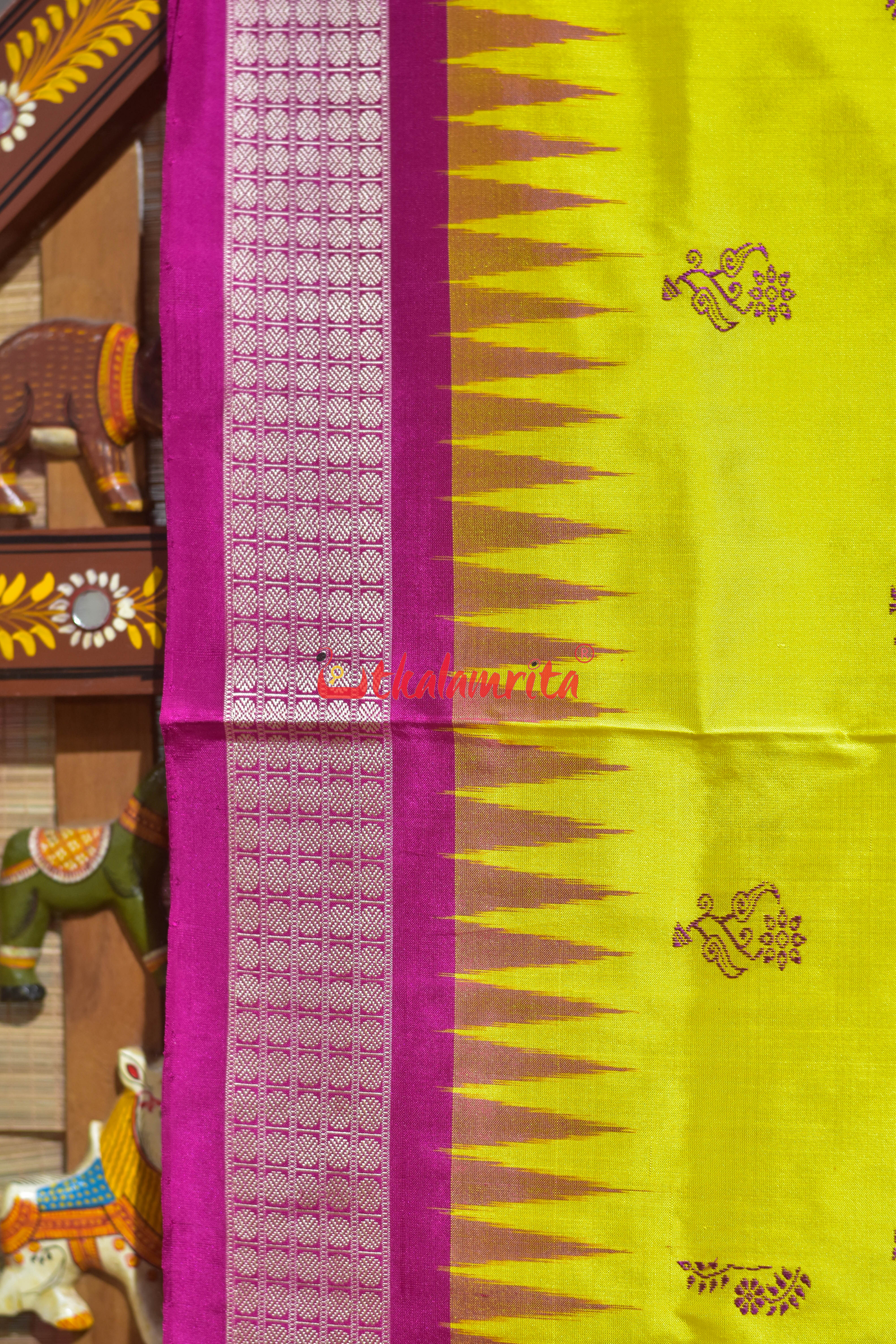 Lemon Yellow Rani Phula Dala Bomkai Silk Saree