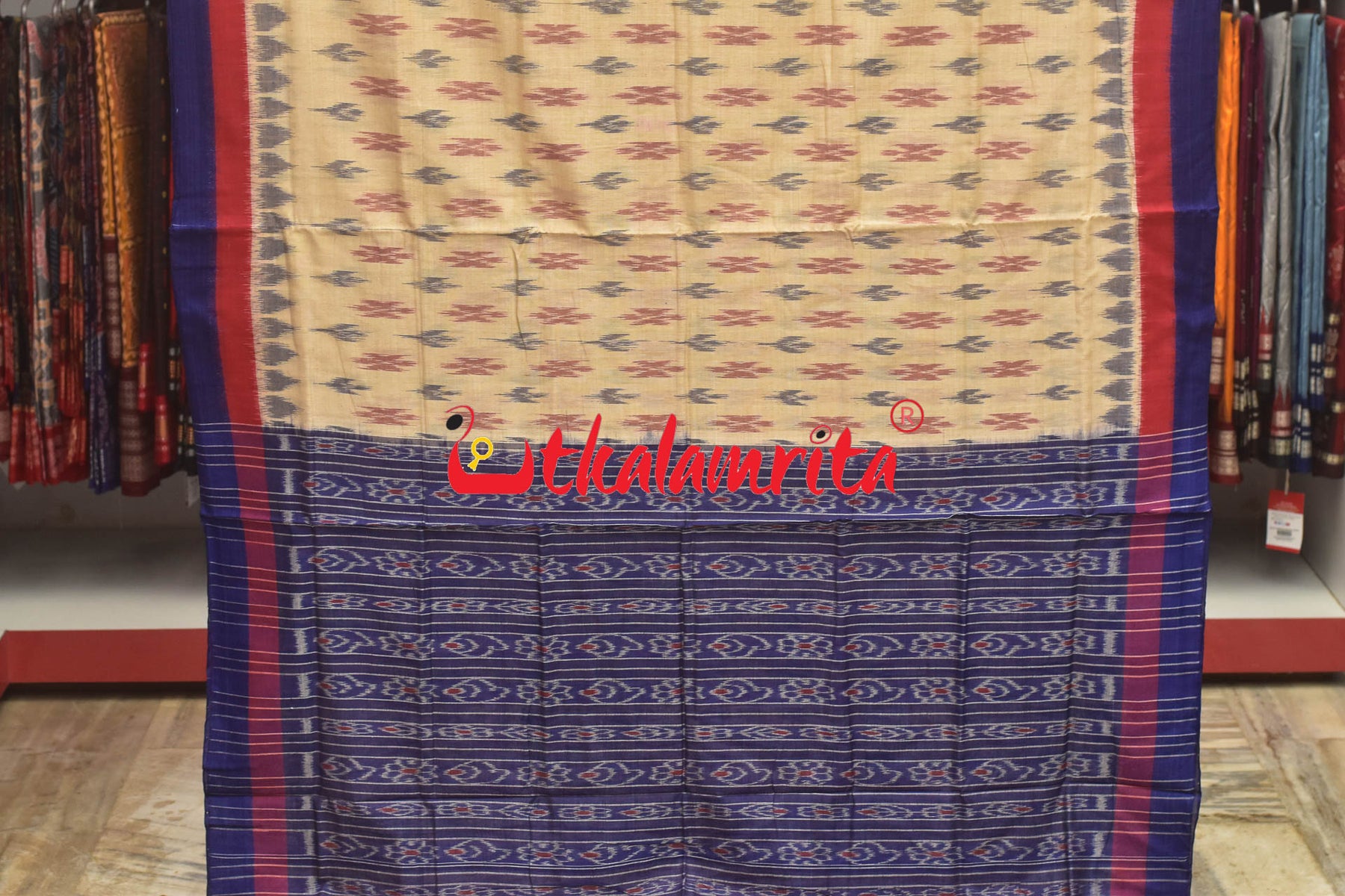 Tussarite Red Blue Double Border Khandua Cotton Saree