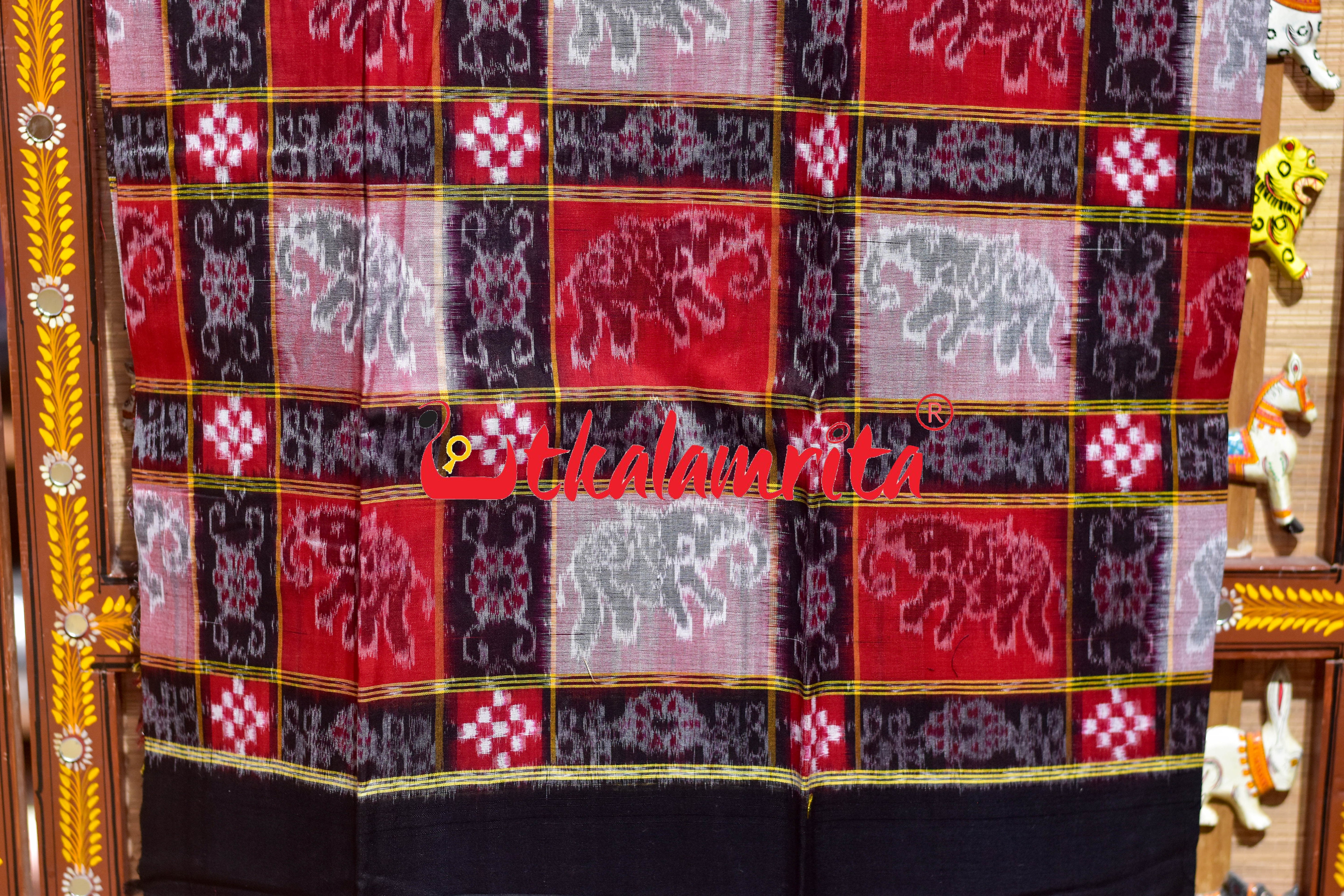 Red Black Kothi Elephants Sambalpuri Cotton Dress Set