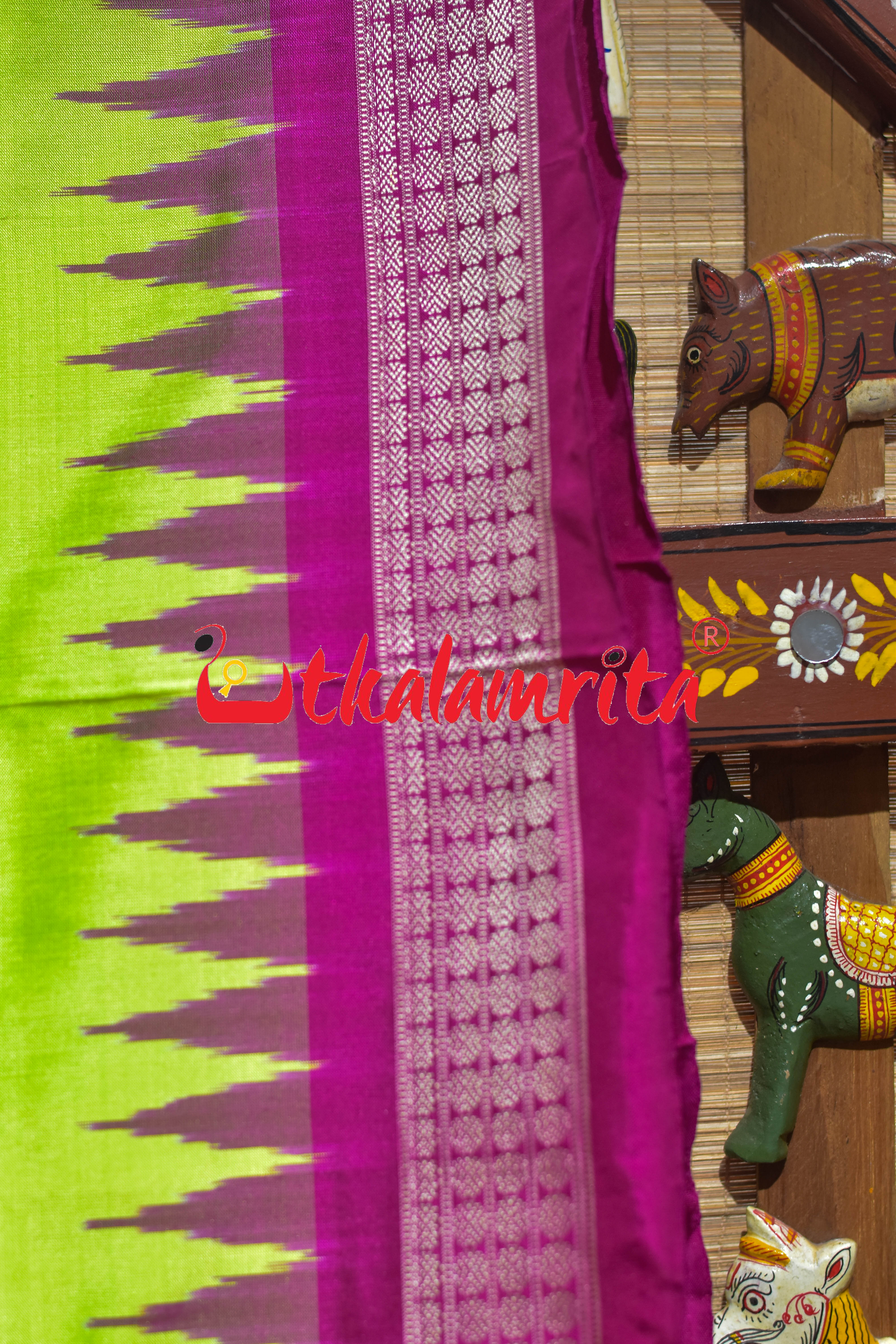 Prajapati Anchal Fluorescent Green Rani Bomkai Silk Saree