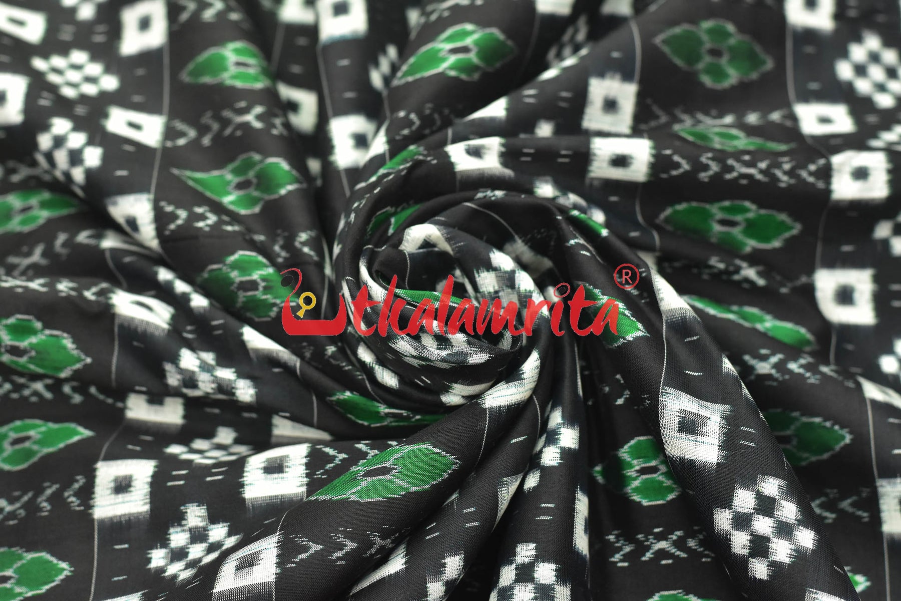 Black Pasapali Green Phula Sambalpuri Silk (Fabric)