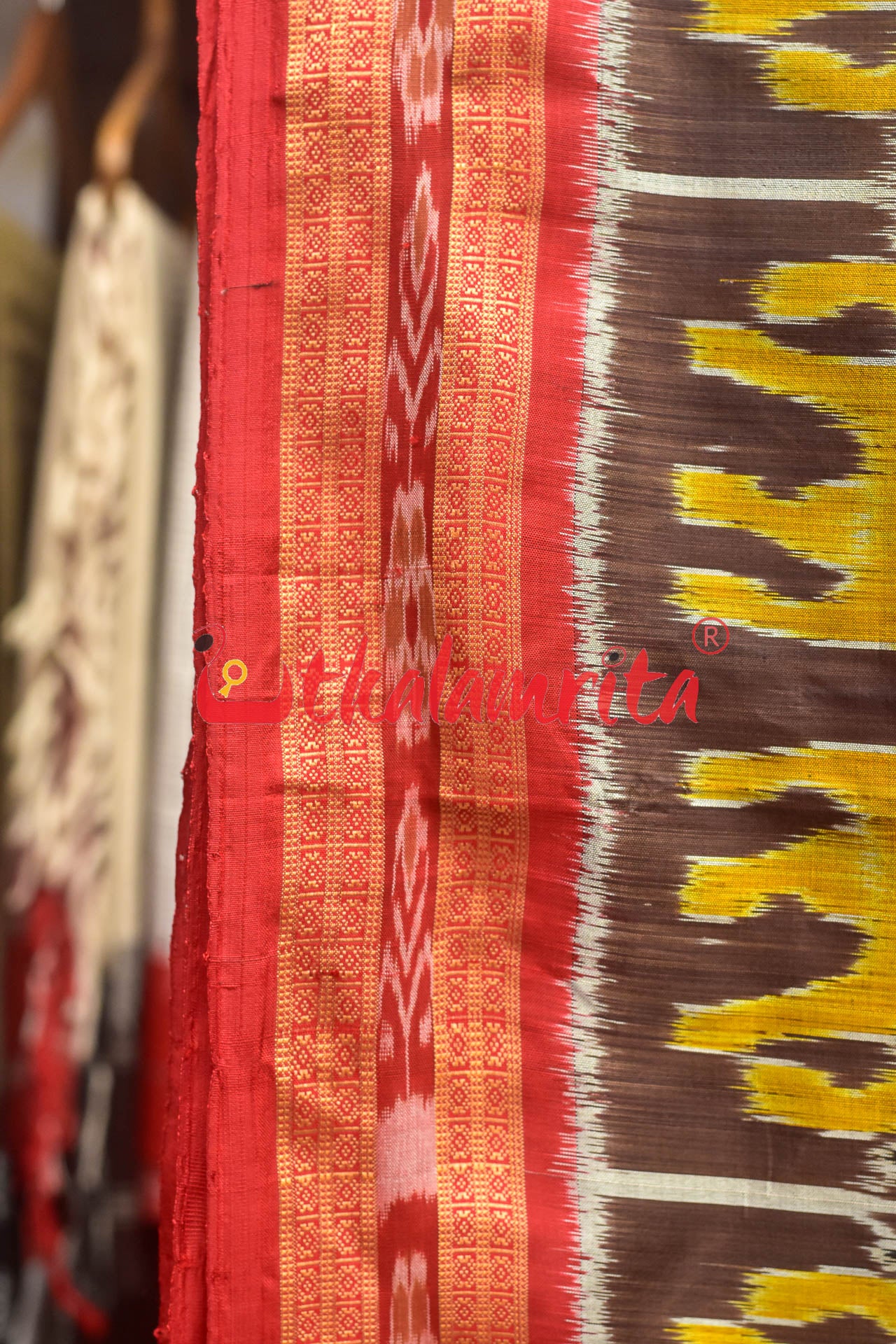 Coffee Lions and Huts Khandua Silk Saree