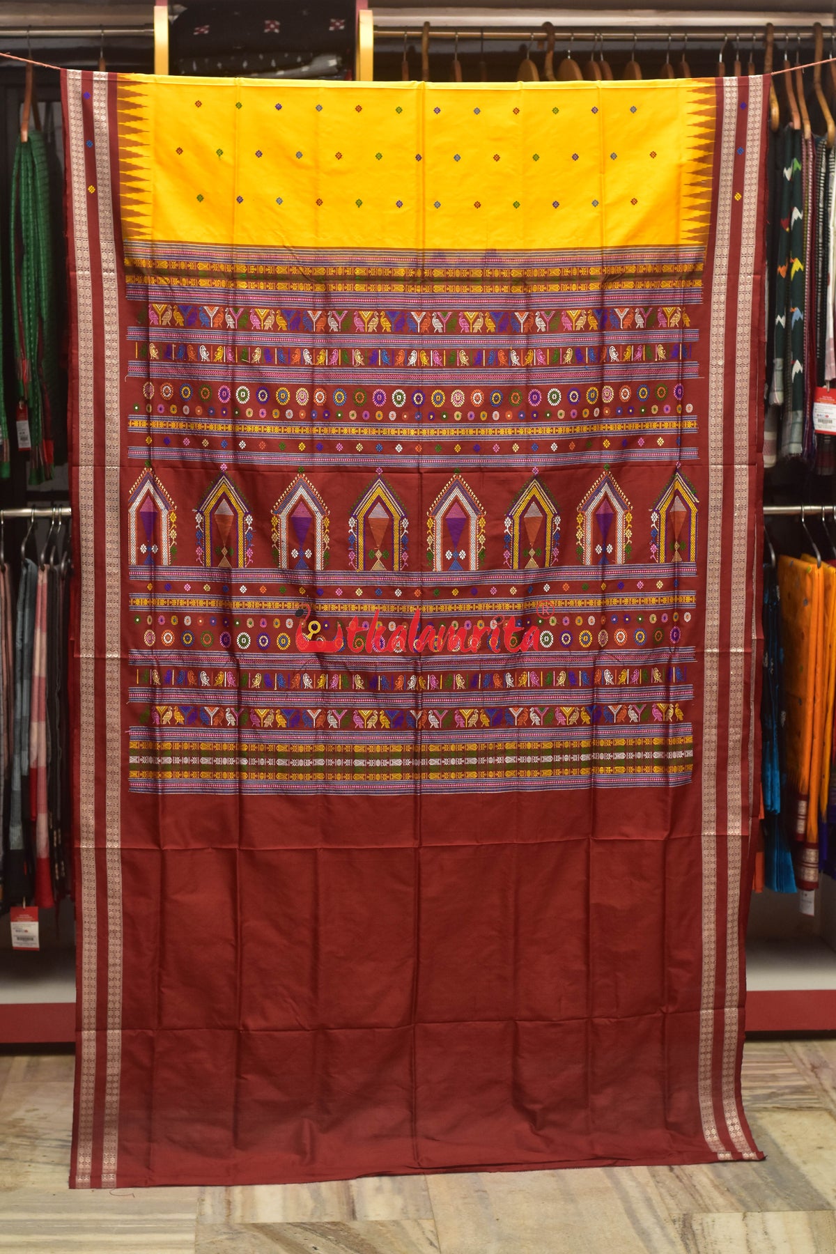 Yellow Maroon Dolabedi Silk Saree