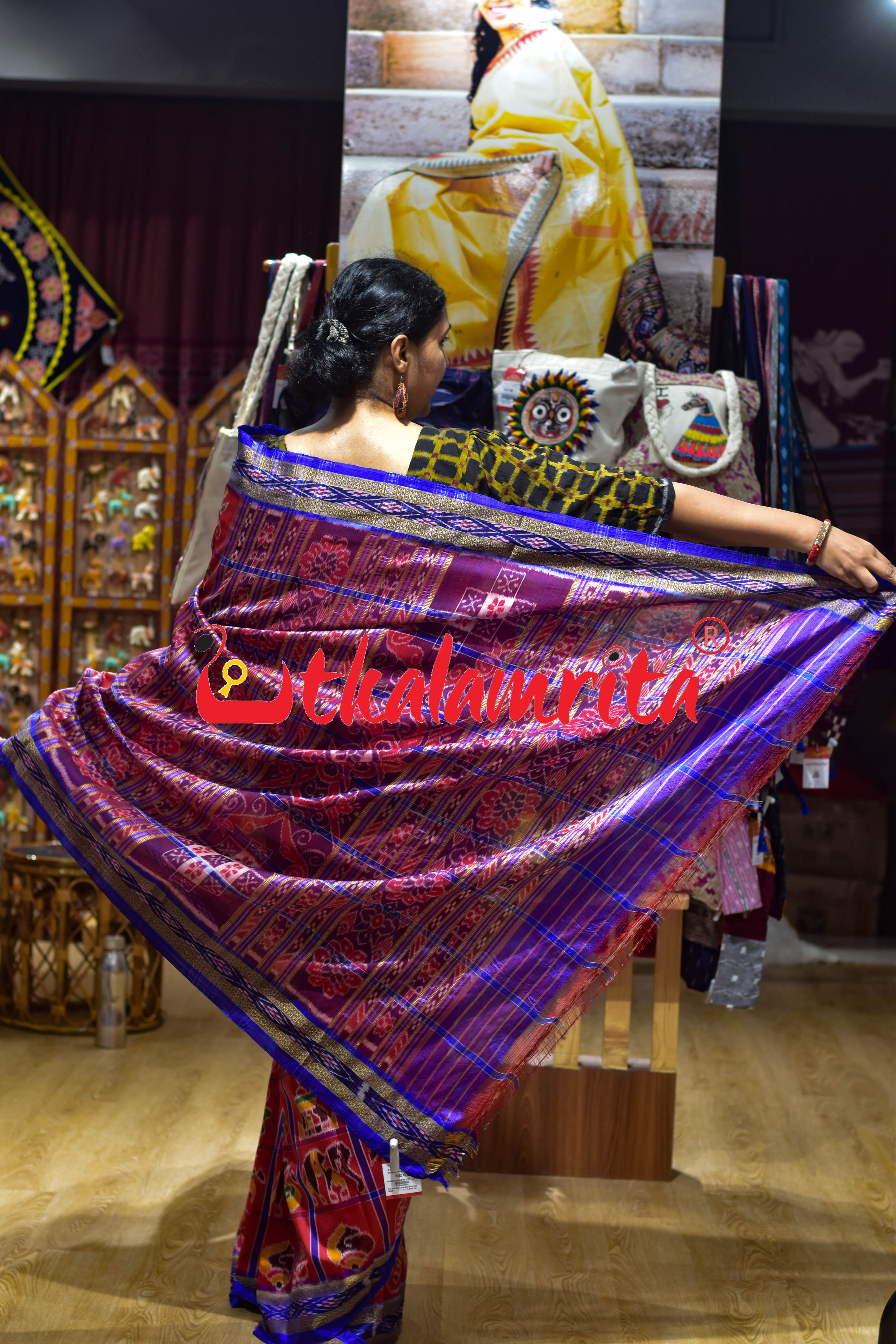 Red with Blue Lines Nabarangi Silk