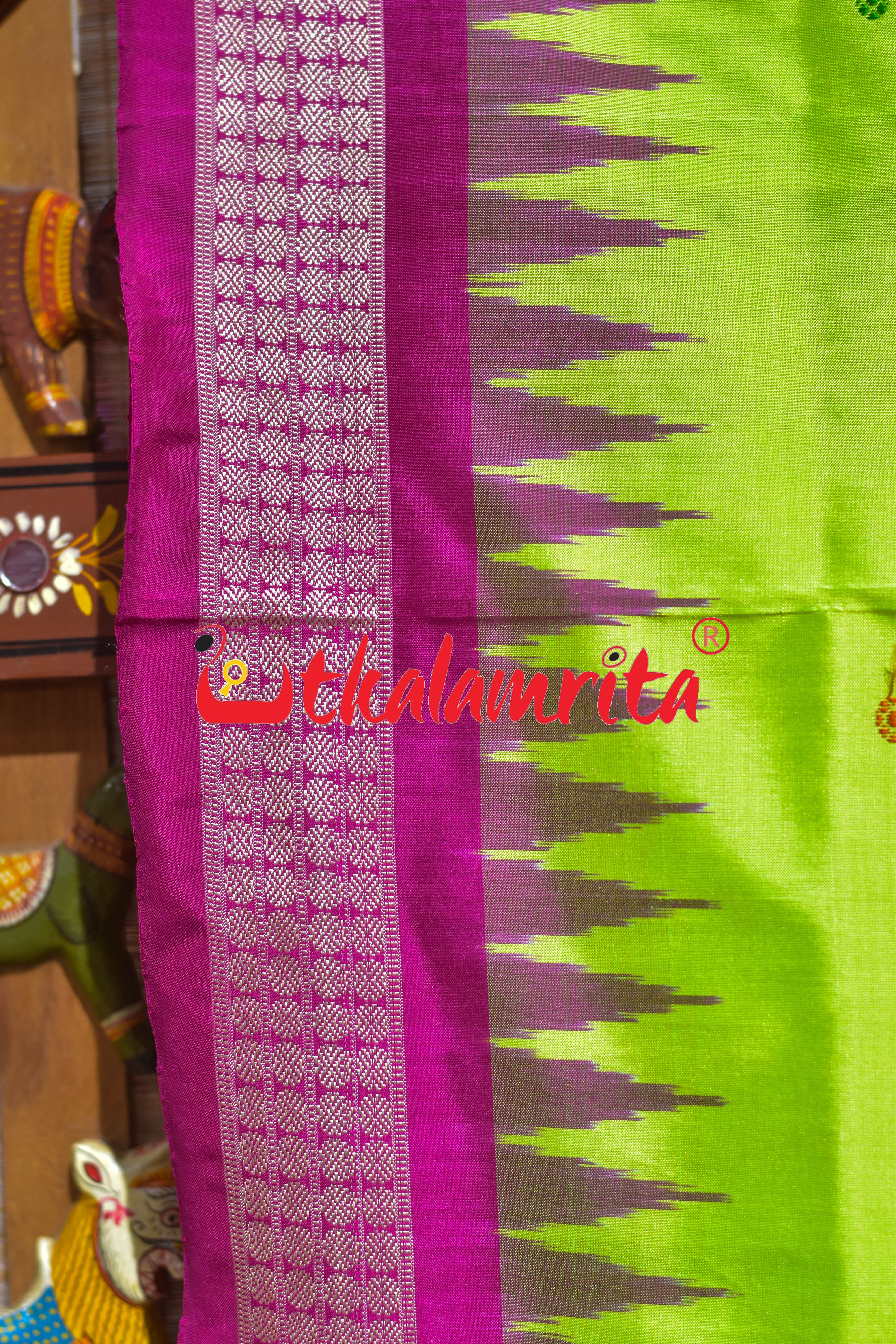 Prajapati Anchal Fluorescent Green Rani Bomkai Silk Saree