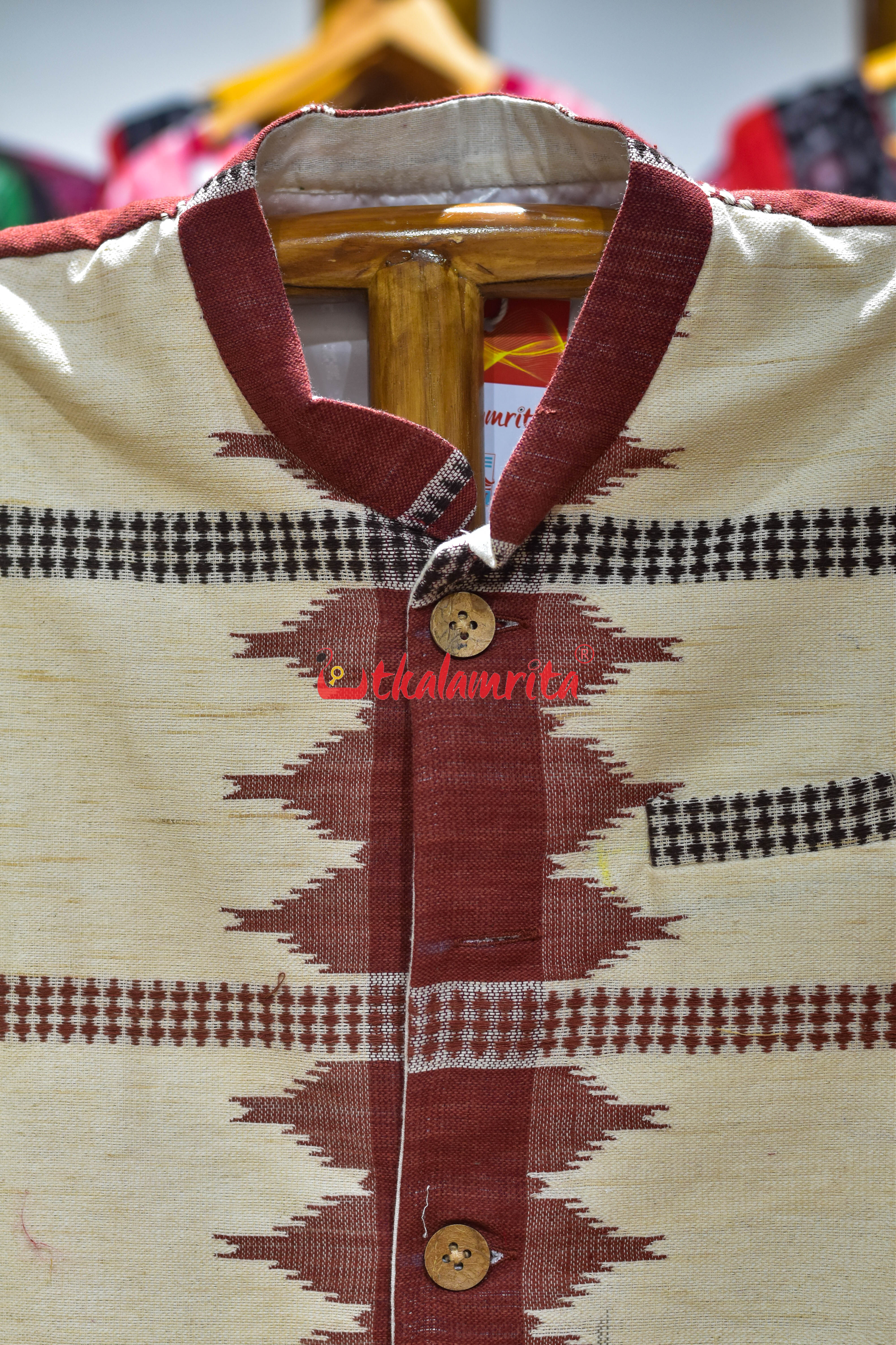 Half Half Off White Maroon Adibasi Kotpad (Modi Jacket)