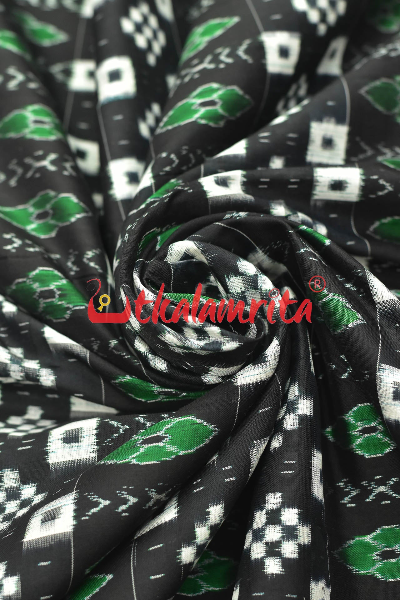 Black Pasapali Green Phula Sambalpuri Silk (Fabric)