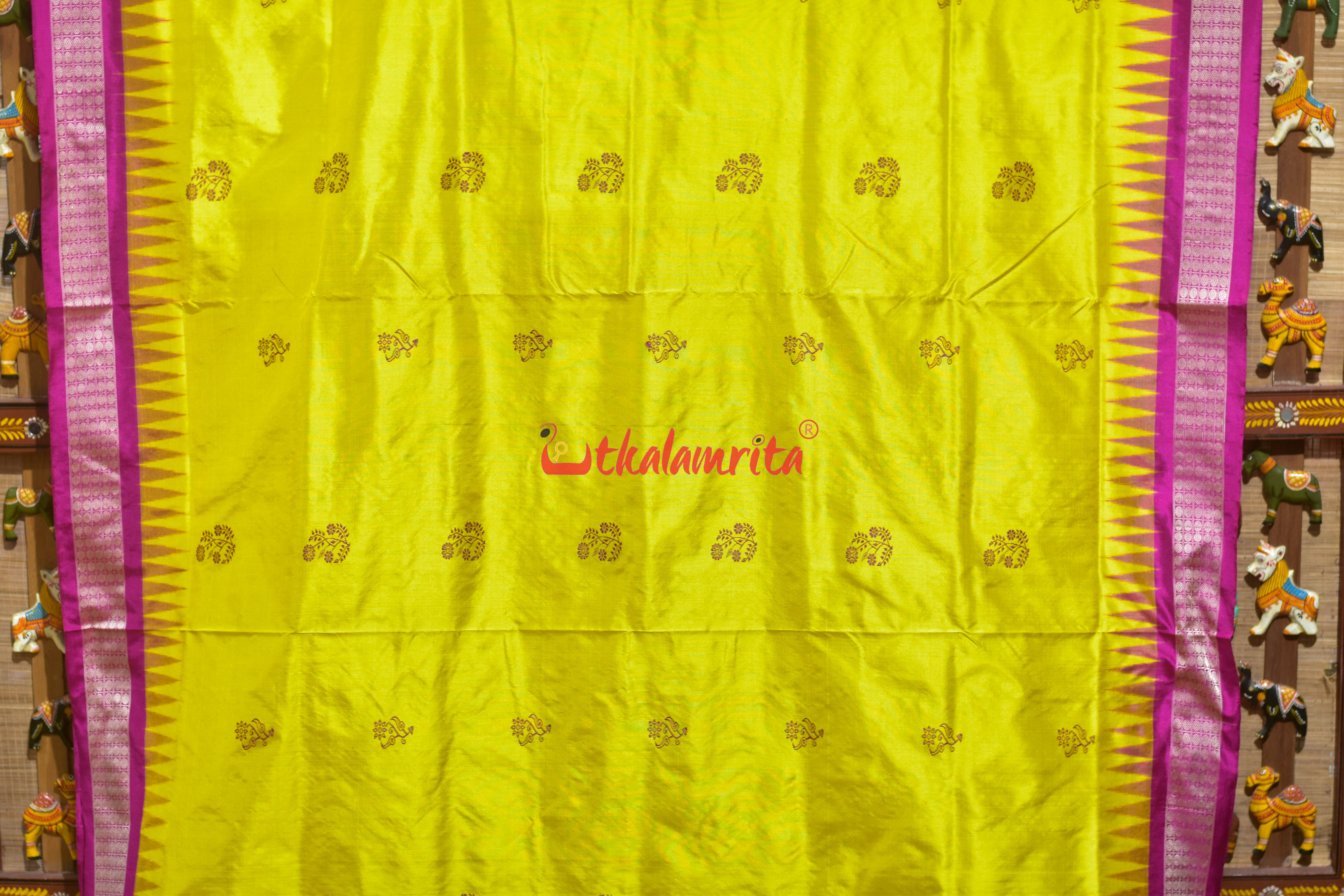 Lemon Yellow Rani Phula Dala Bomkai Silk Saree