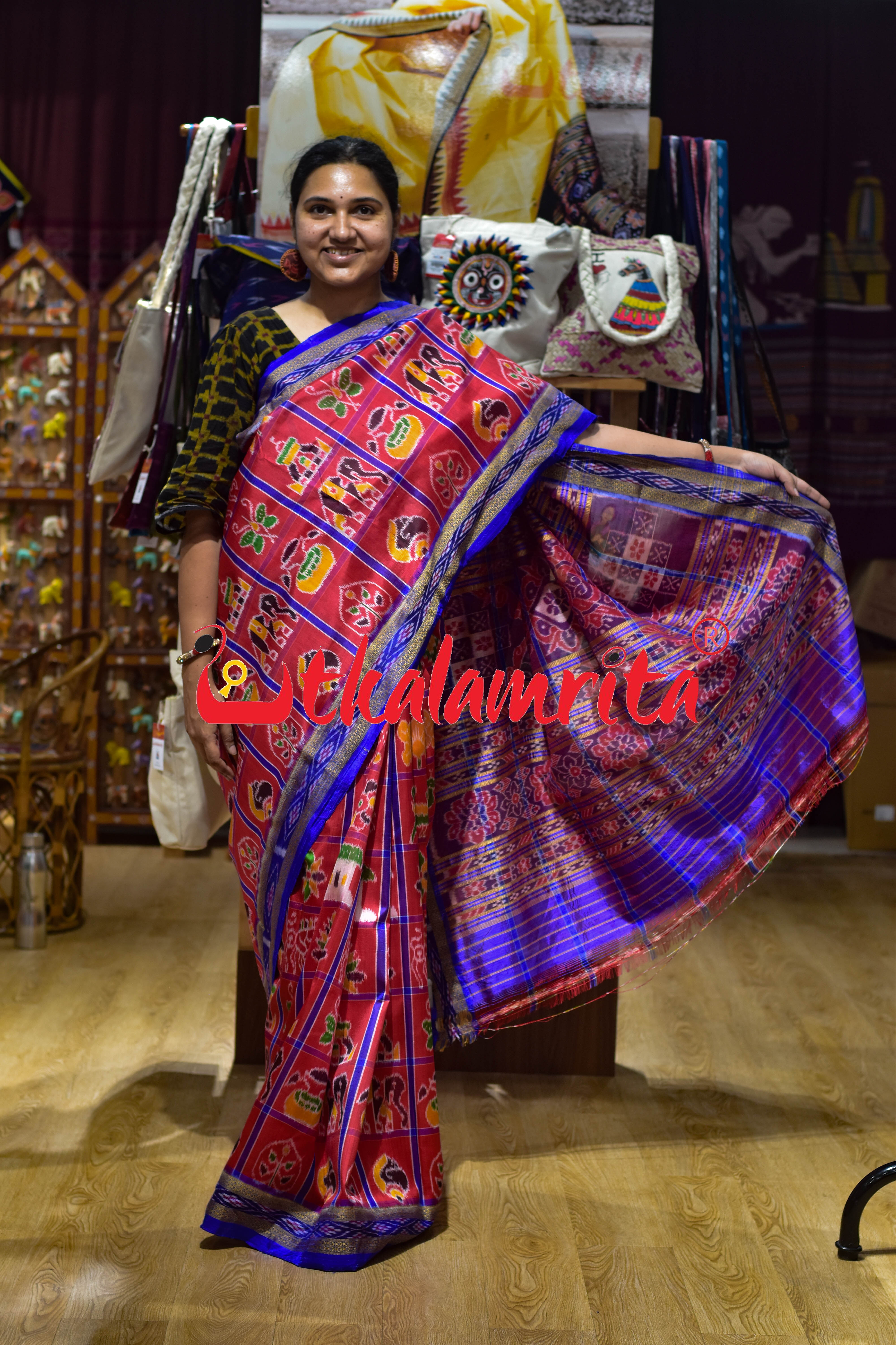 Red with Blue Lines Nabarangi Silk