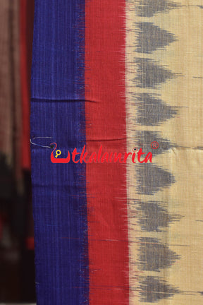 Tussarite Red Blue Double Border Khandua Cotton Saree