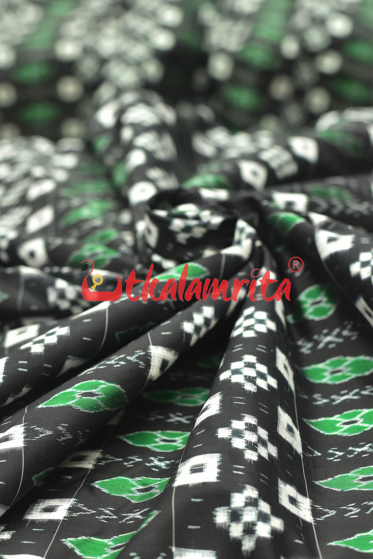 Black Pasapali Green Phula Sambalpuri Silk (Fabric)