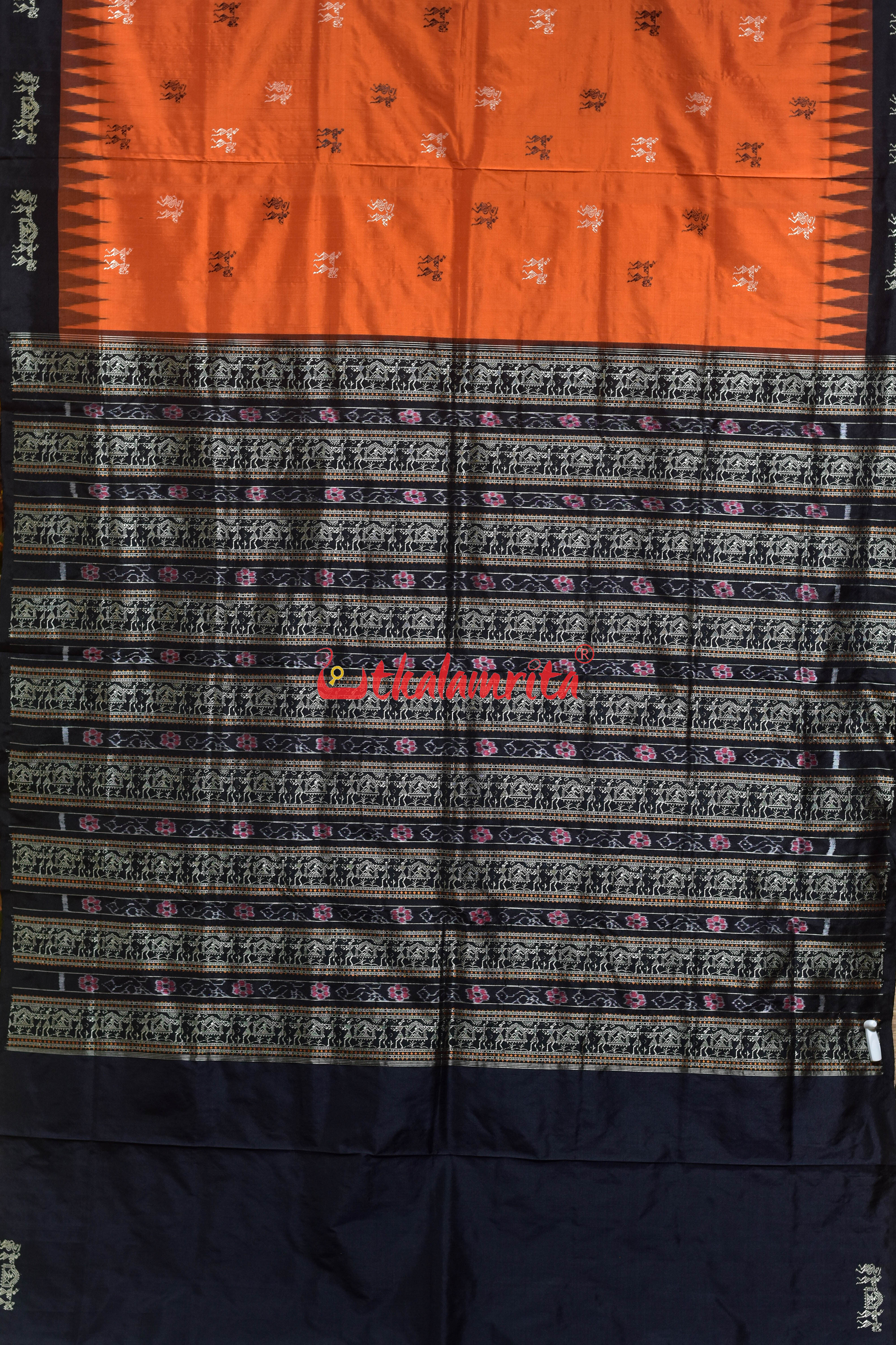 Orange Black Sabari Bomkai Silk Saree