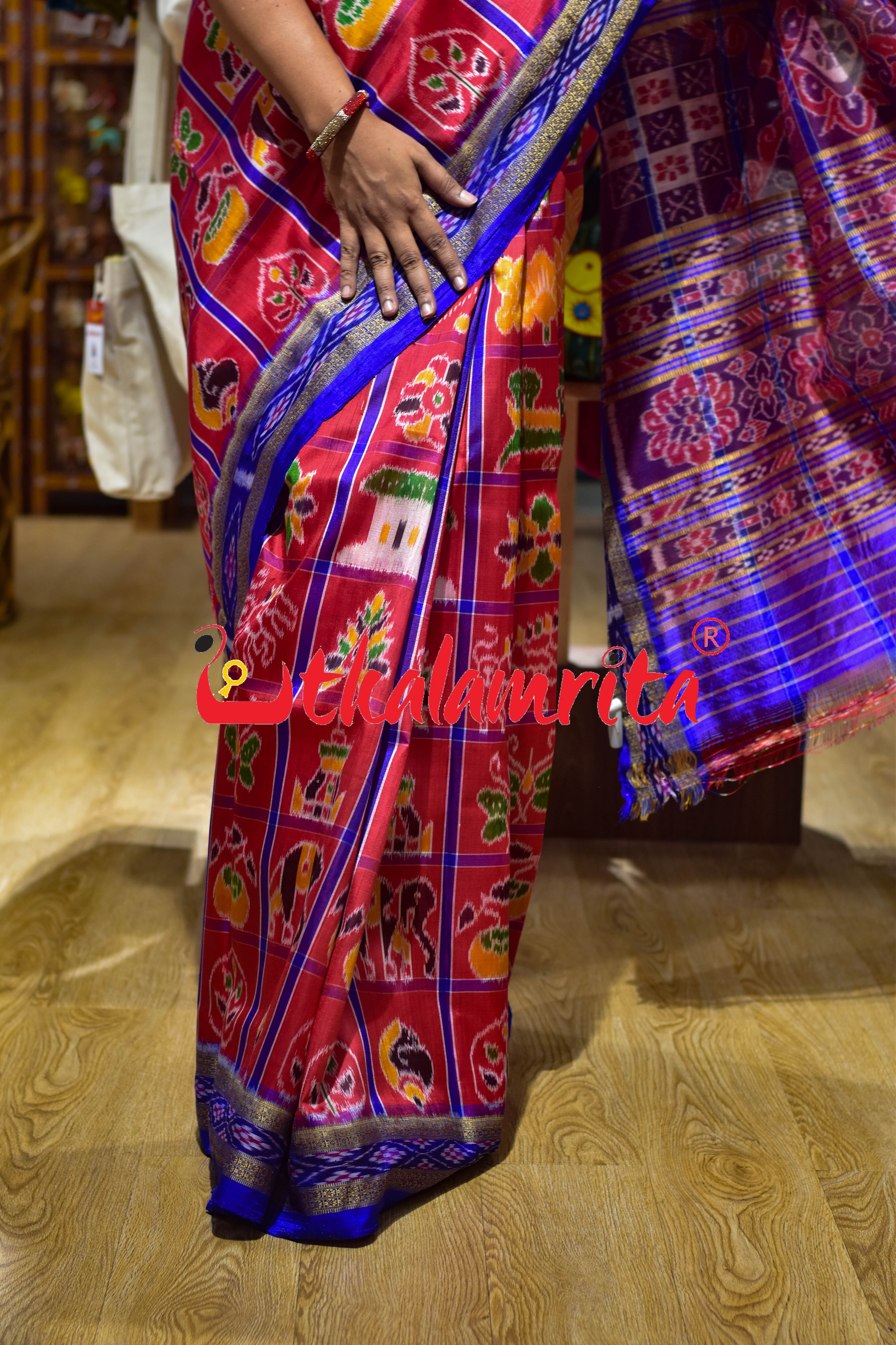 Red with Blue Lines Nabarangi Silk