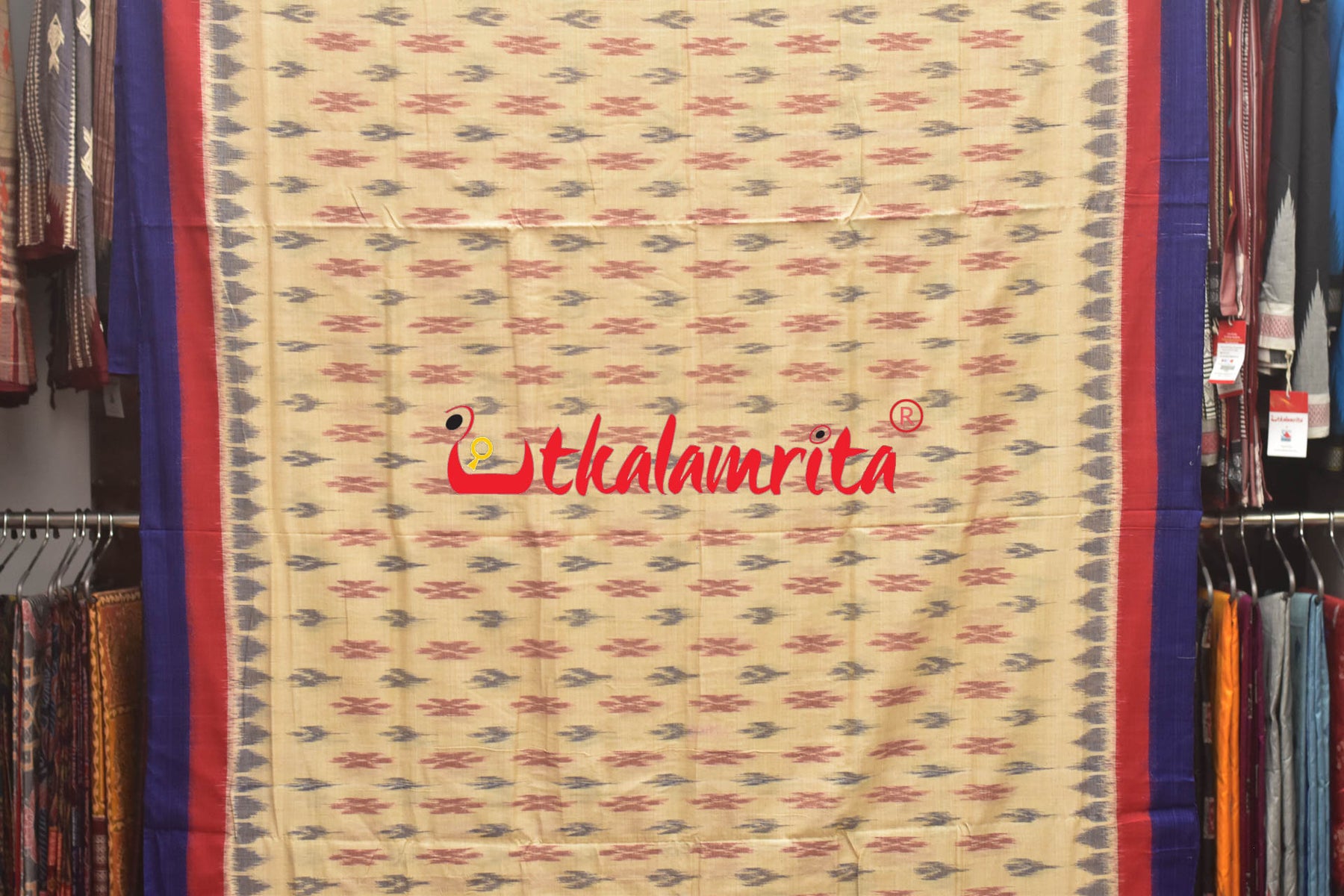 Tussarite Red Blue Double Border Khandua Cotton Saree