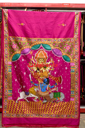 Durga Pattachitra Rani Pink Silk Saree